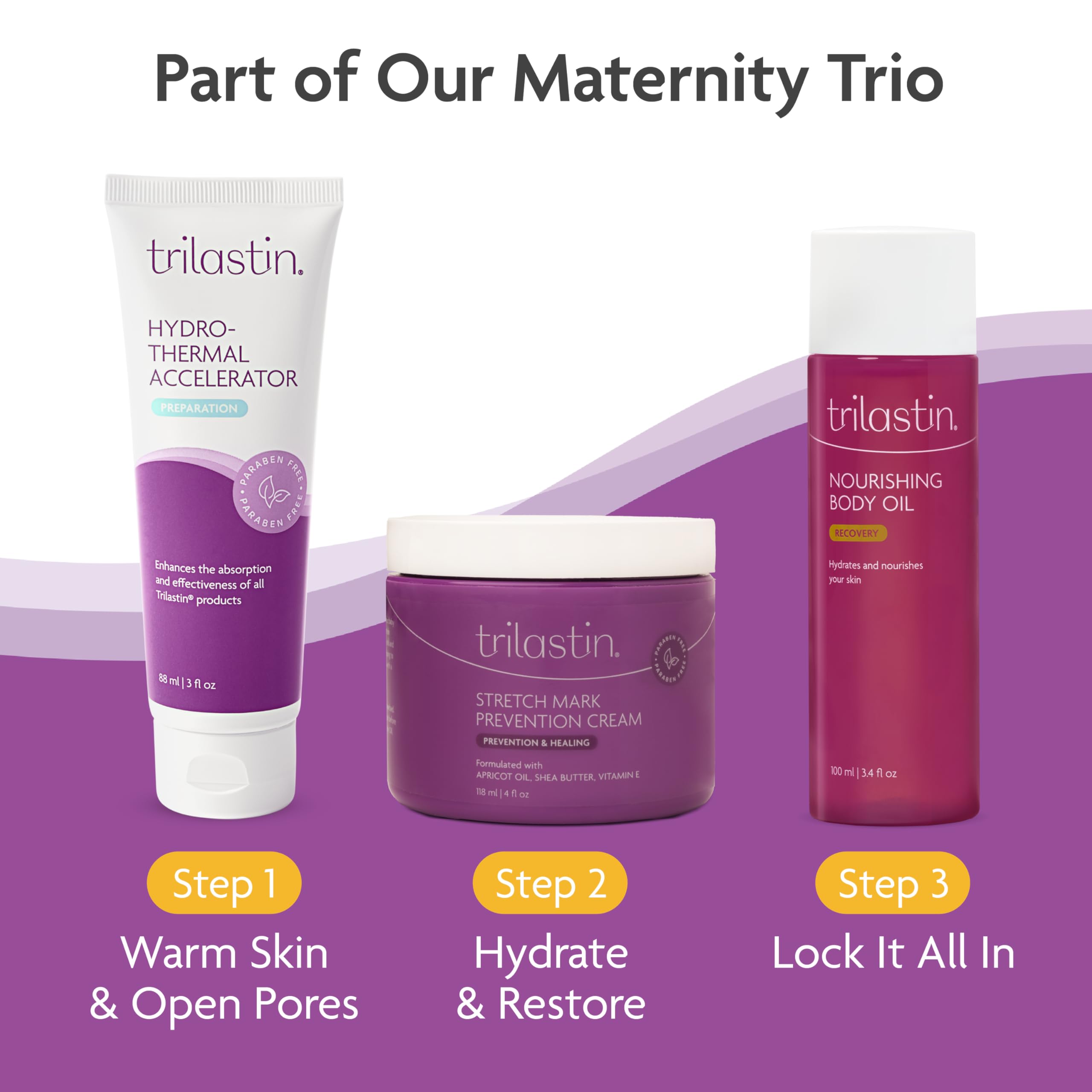 TriLASTIN Belly Oil daily routine shot with calm, non-irritating formula.