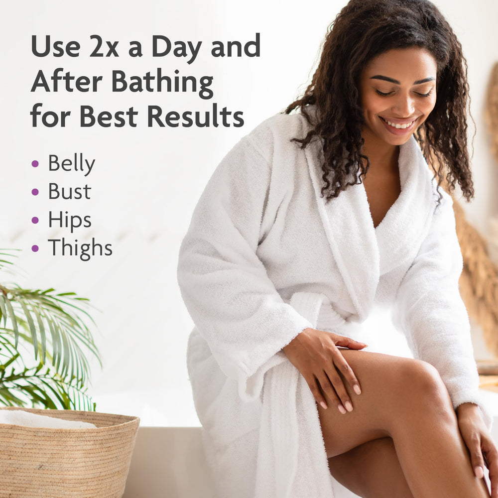 TriLASTIN Belly Oil on dry hip and thigh area illustrates elasticity support potential.