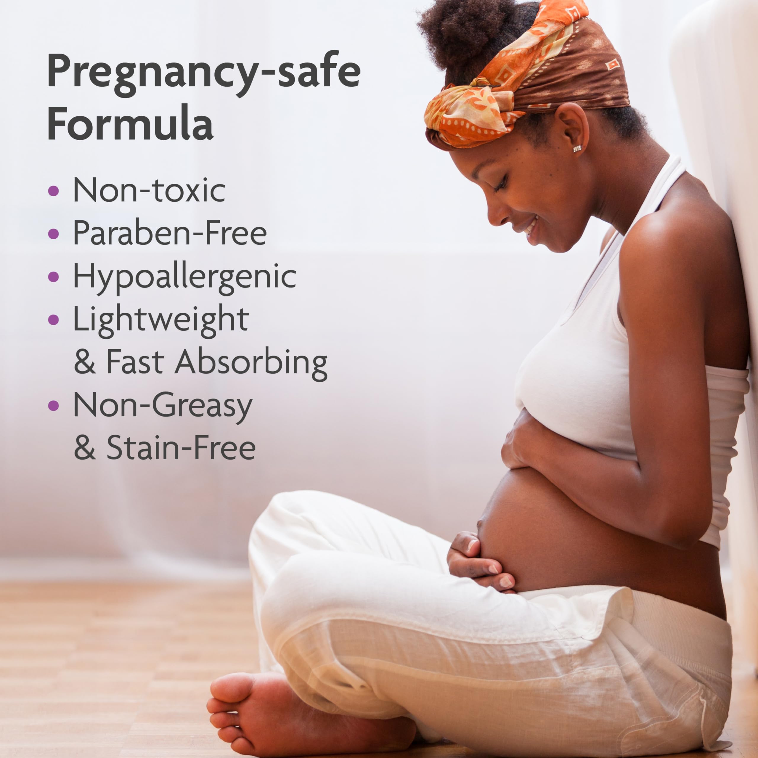 TriLASTIN Belly Oil packaging highlights paraben-free and dermatologist-tested formula.