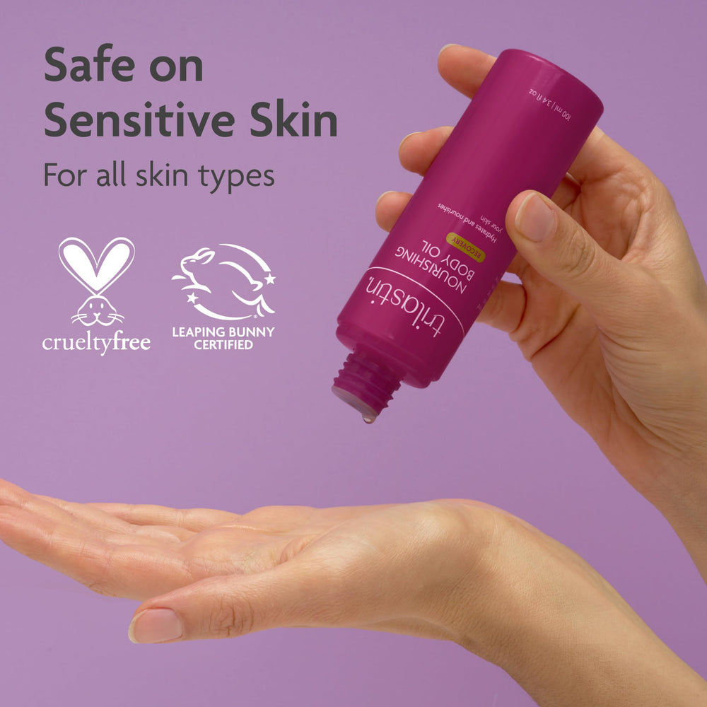 TriLASTIN Belly Oil after-meal skincare ritual focusing on belly care during pregnancy.