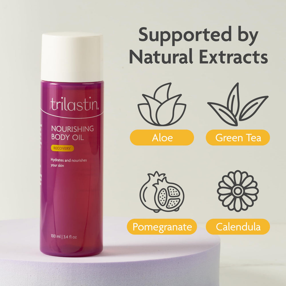 TriLASTIN Belly Oil skin hydration close-up shows soft, supple feel after use.