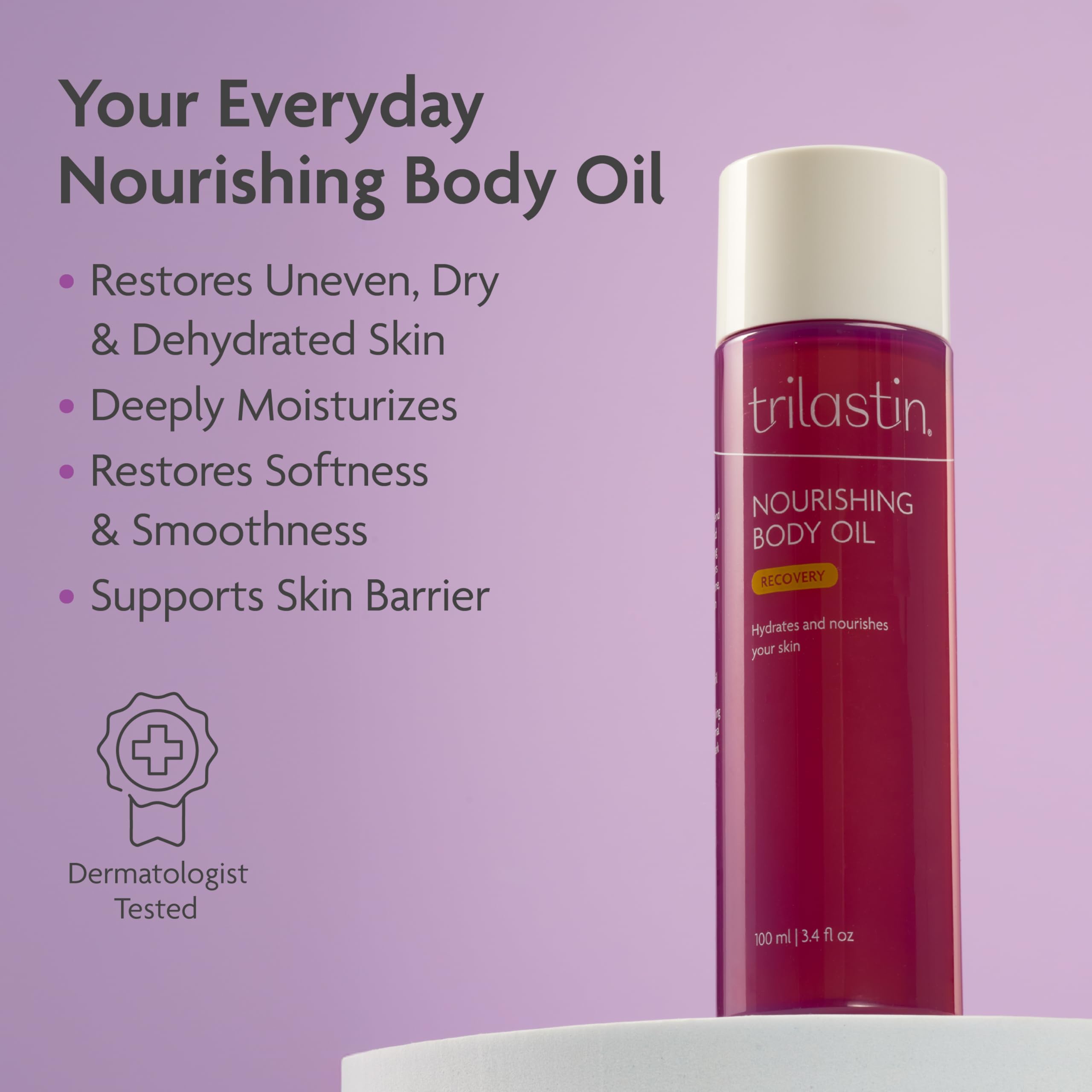 TriLASTIN Belly Oil texture close-up highlights a non-greasy, quick-absorbing formula.