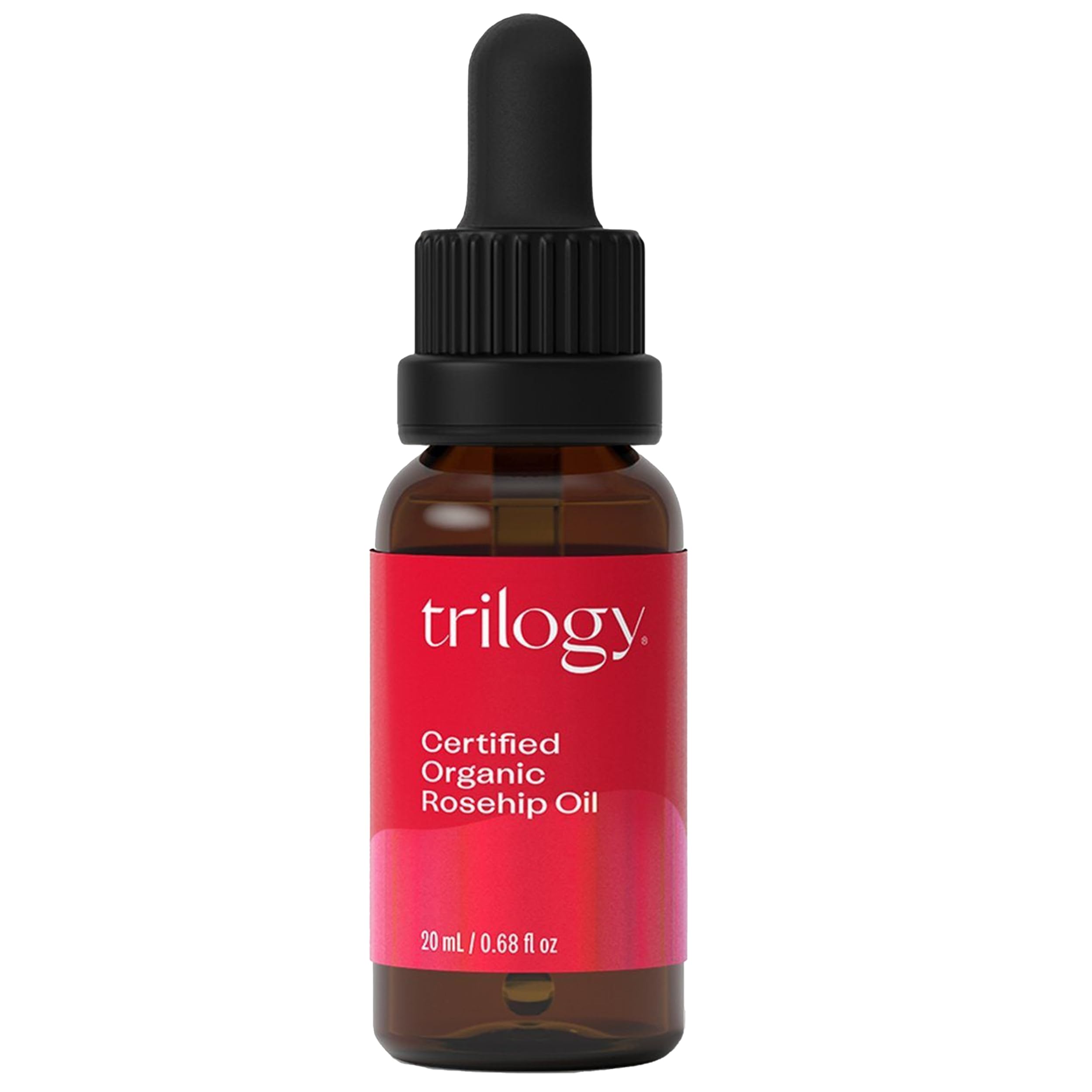 Trilogy rosehip oil bottle closeup highlights pure organic nourishment for skin