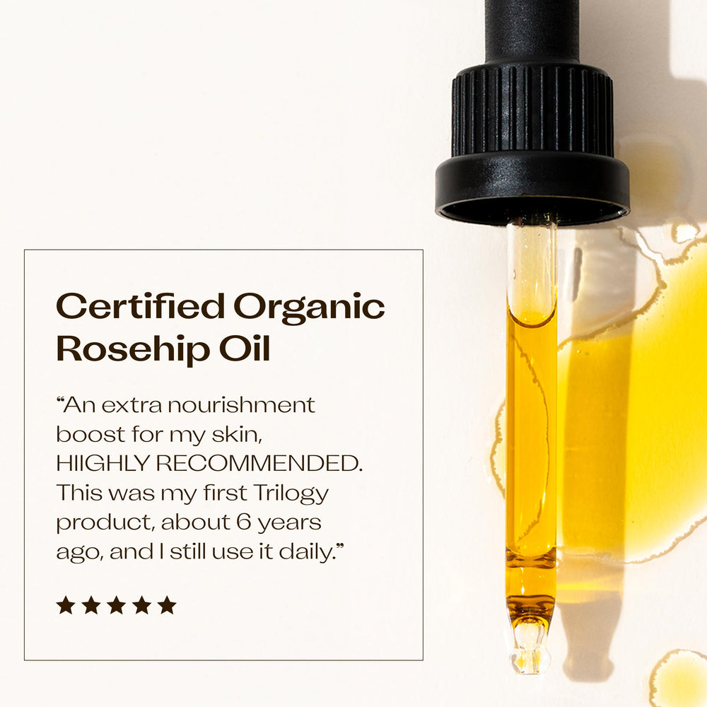 Trilogy Rosehip Oil application routine suitable for morning or night.