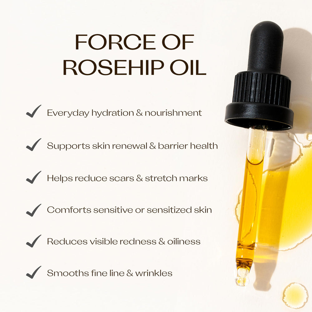 Trilogy Rosehip Oil dropper-pour for easy daily use.