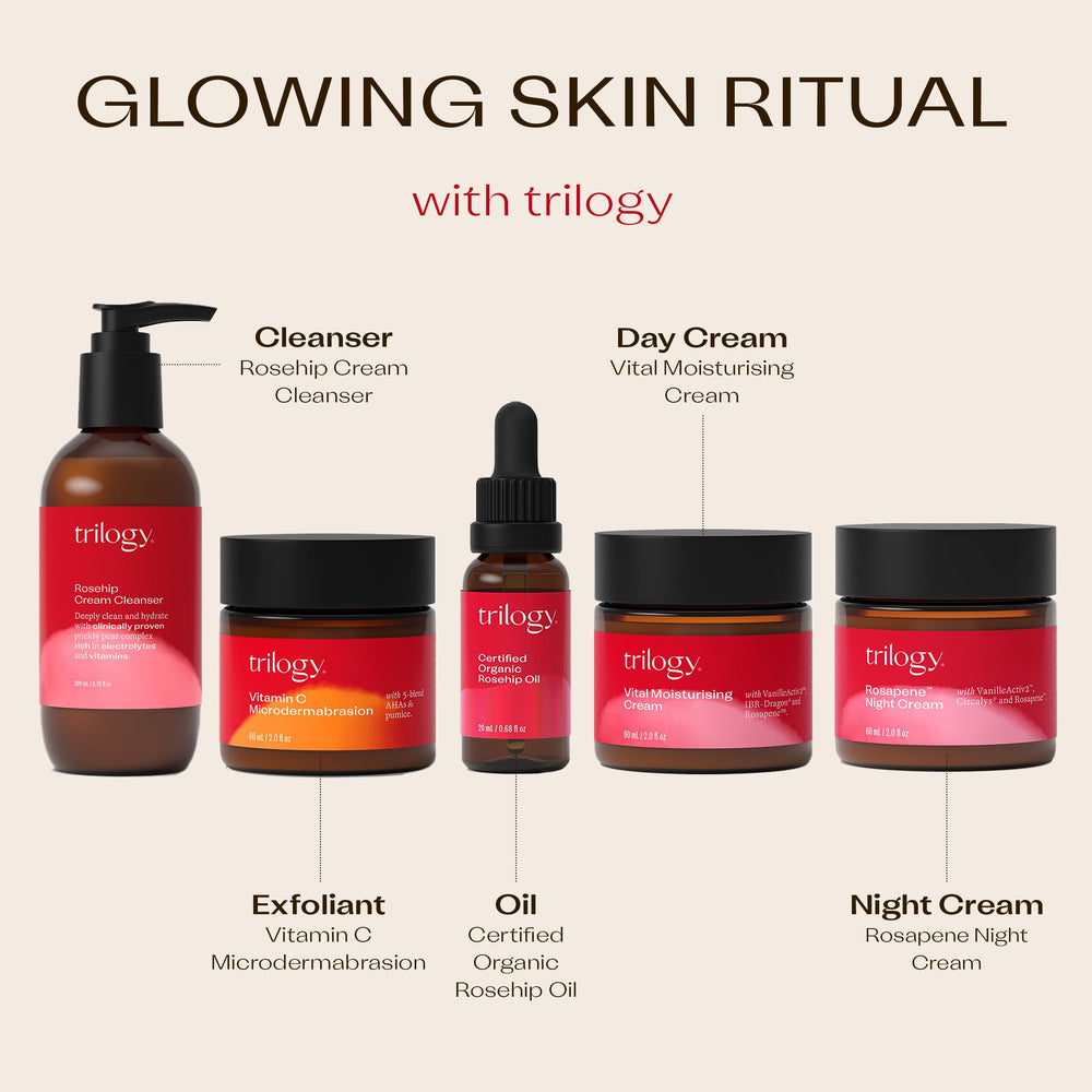 Trilogy Rosehip Oil ingredient panel emphasizes fatty acids and quality sourcing.
