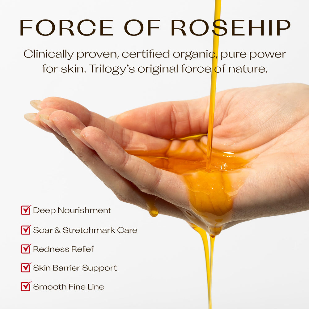 Trilogy Rosehip Oil on skin demonstrates smooth, hydrated finish.