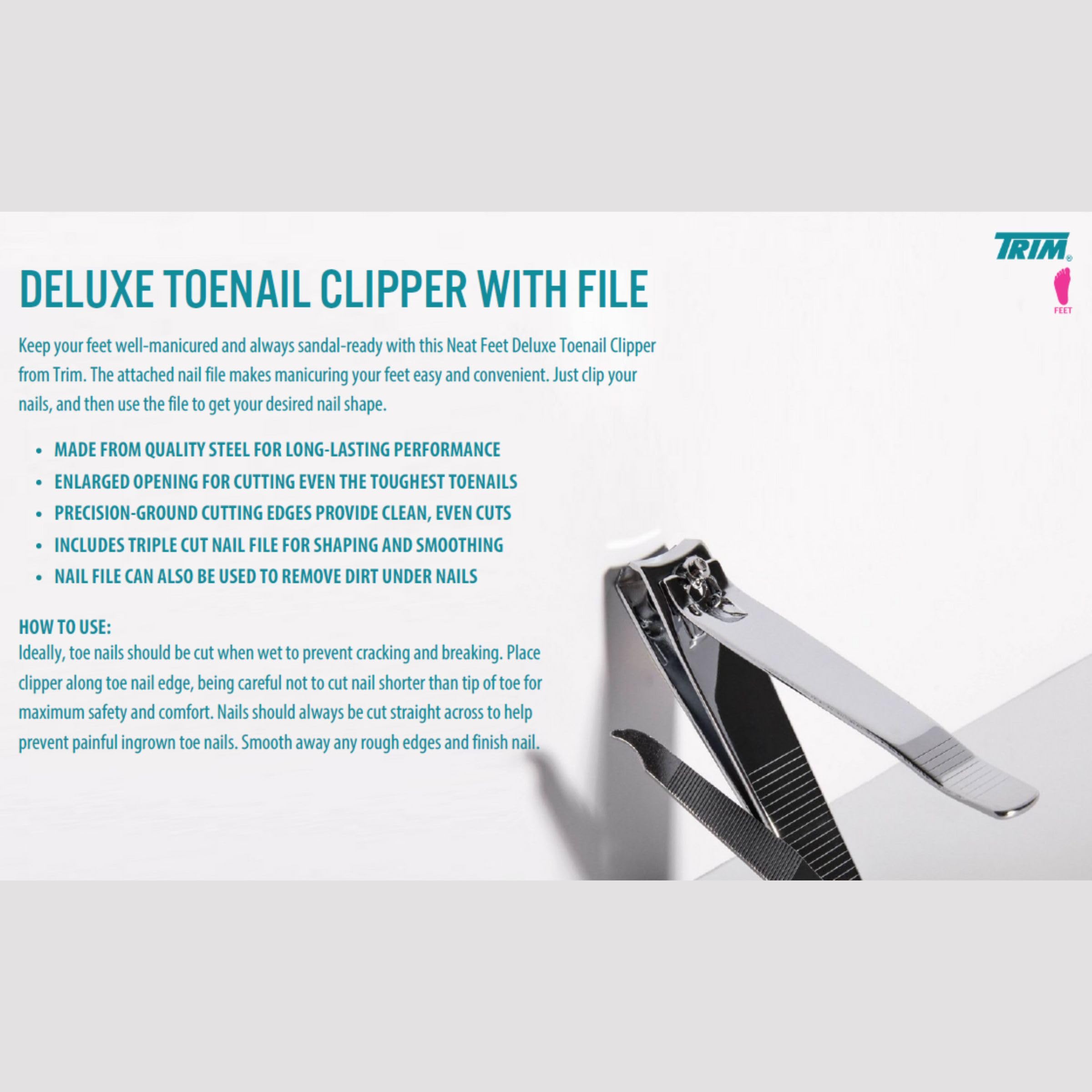 Trim Neat Feet stainless steel nail clipper close-up shows durable, long-lasting performance