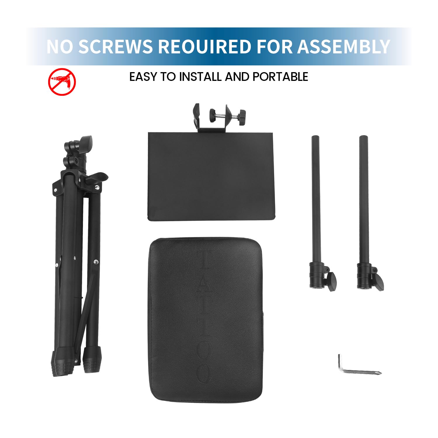 Tripartite tattoo armrest stand folded for easy travel and storage