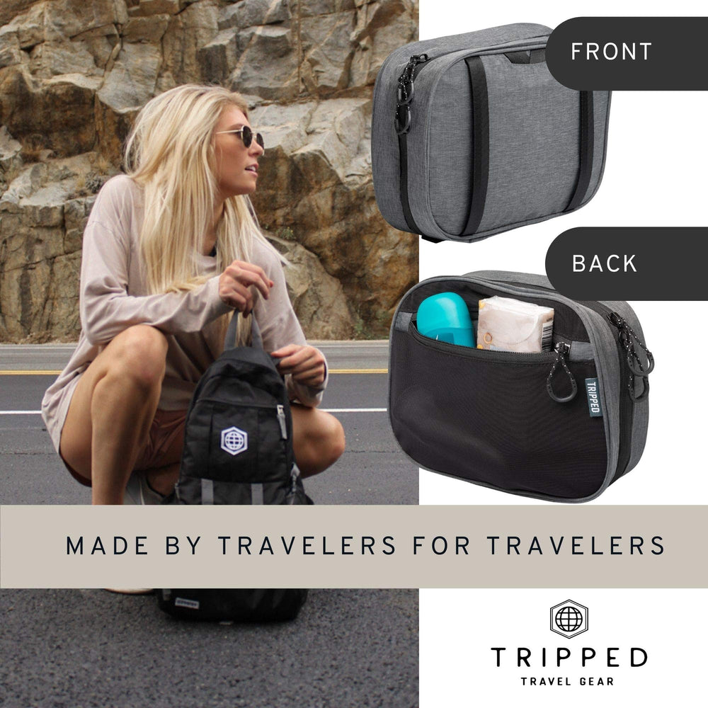 TRIPPED Brand logo on grey bag signals organized travel gear