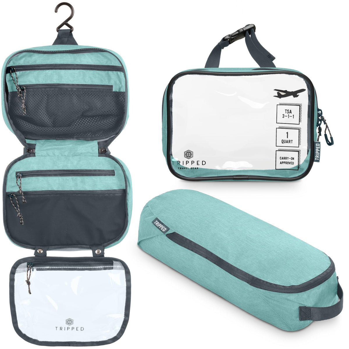 TRIPPED Toiletry Bag Hanging shows easy-access organization for on-the-go trips
