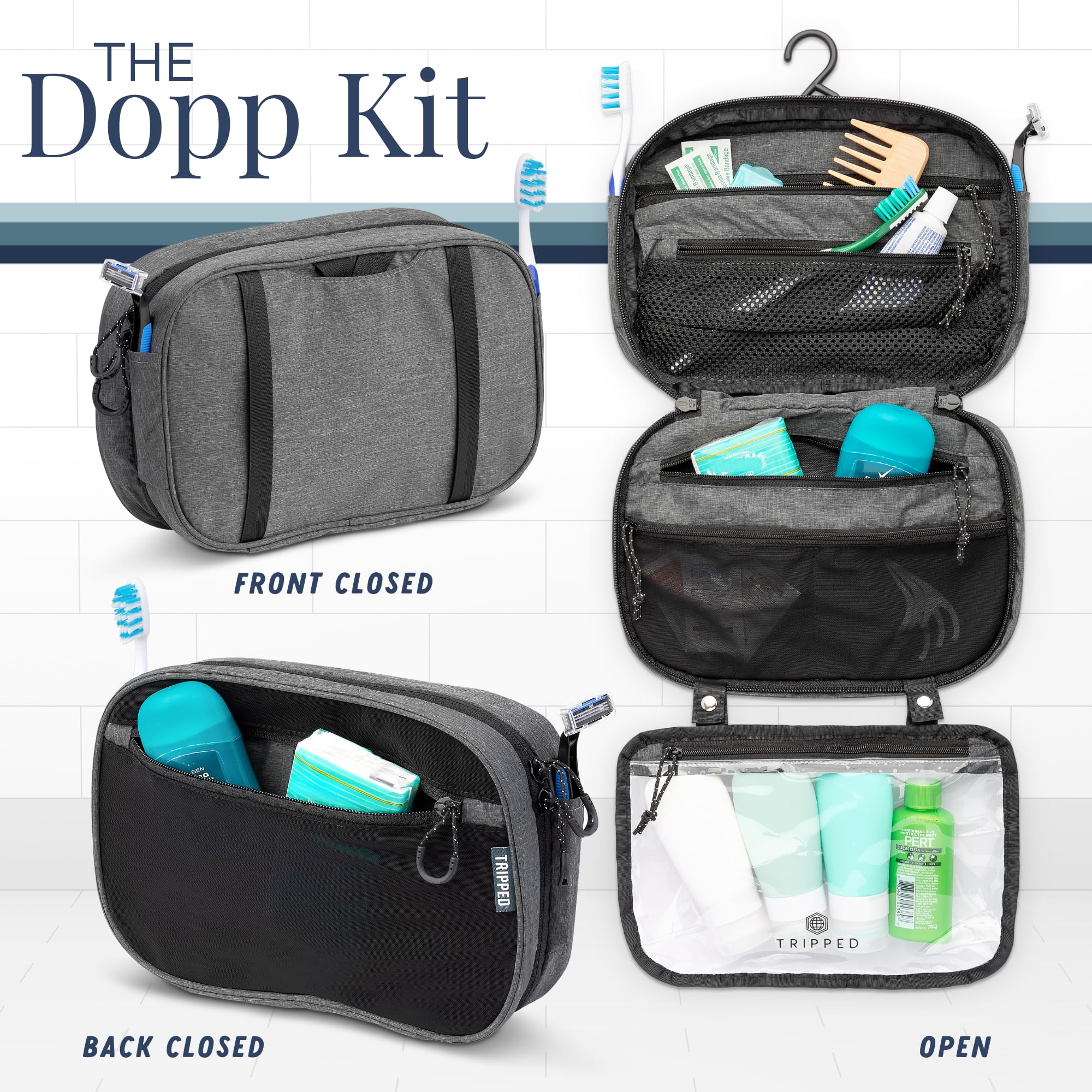 TRIPPED Toiletry Bag Kit interior mesh pockets expand for items