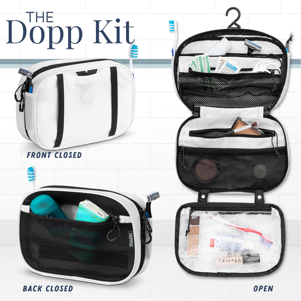 TRIPPED Toiletry Bag Set accessory organizer pouch demonstrates compact makeup and gadget organization.