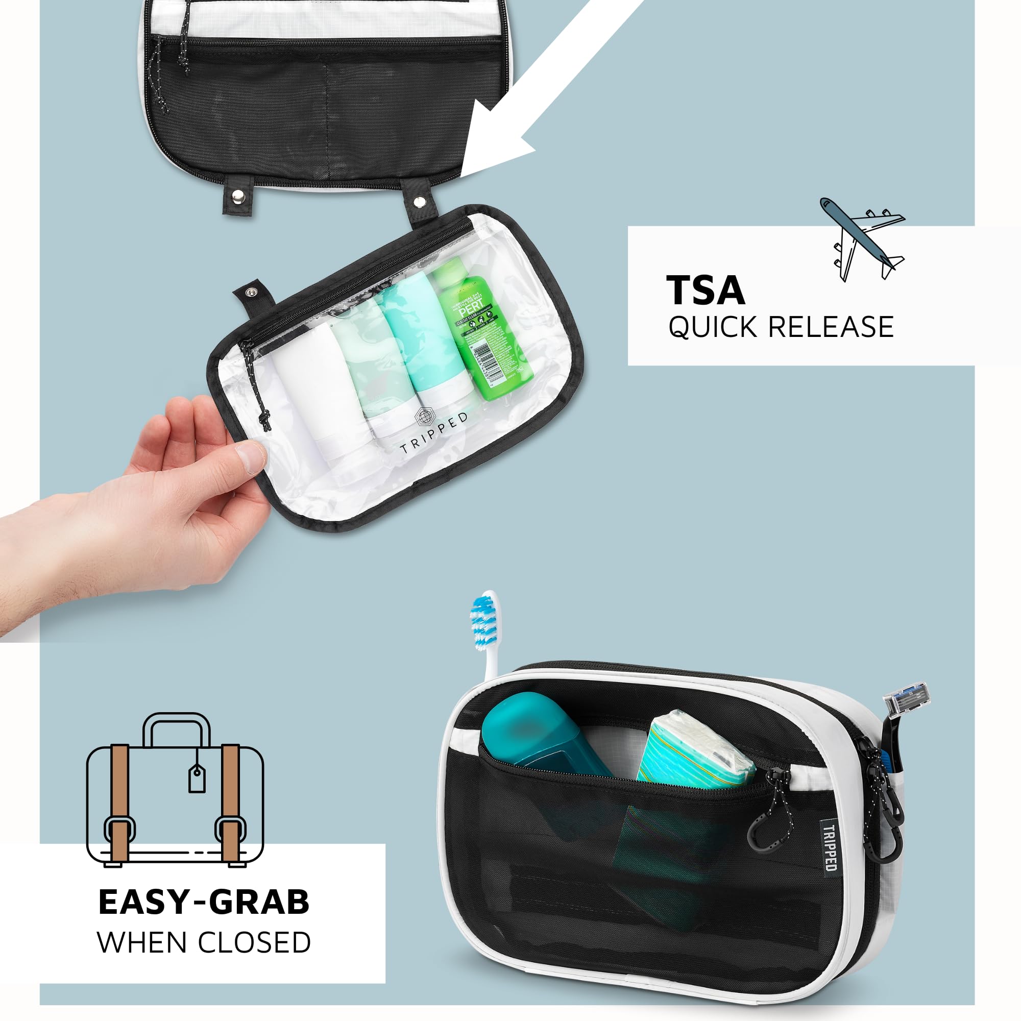TRIPPED Toiletry Bag Set folded design saves space in small luggage.