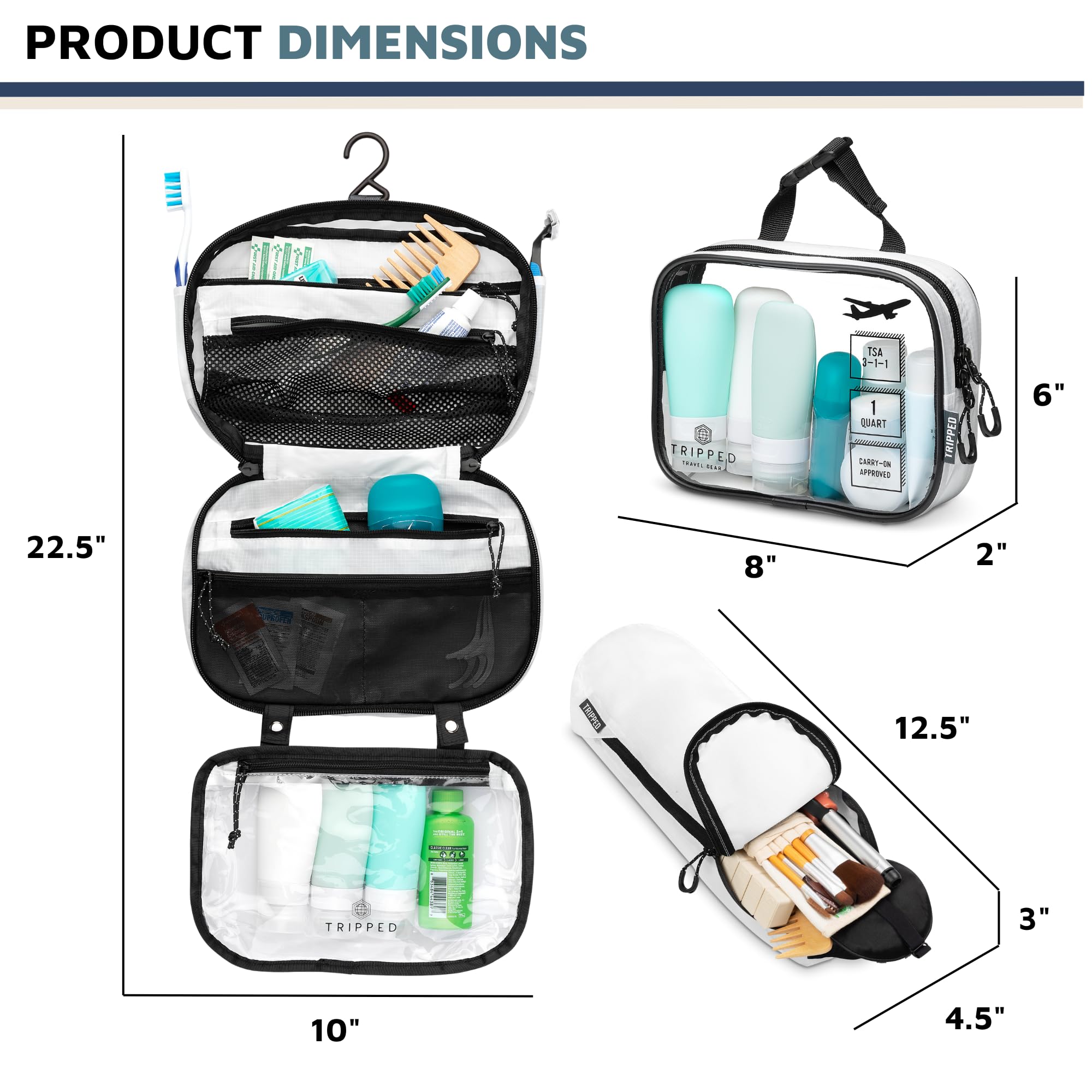 TRIPPED Toiletry Bag Set detachable clear bag emphasizes versatile travel security and shower use.