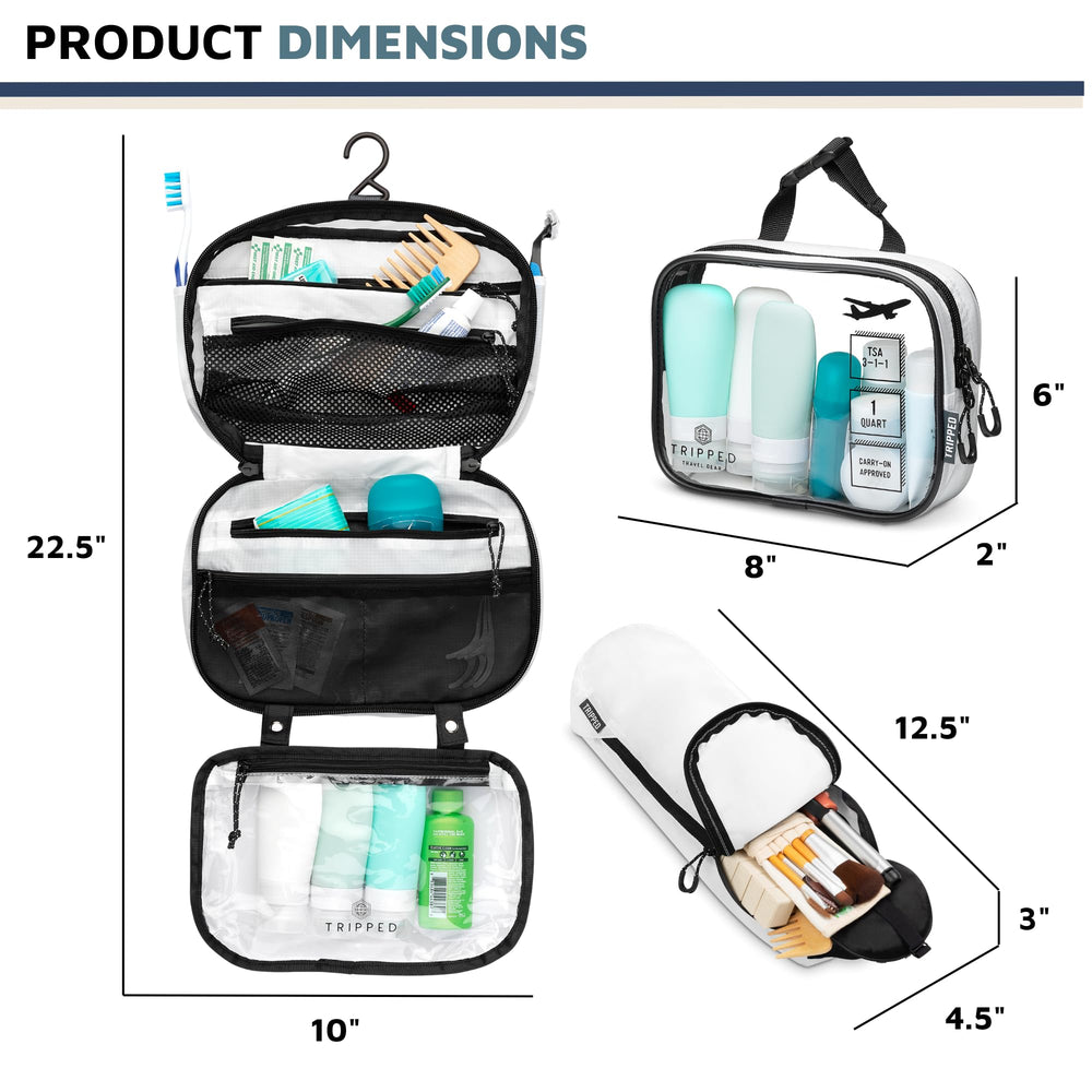 TRIPPED Toiletry Bag Set detachable clear bag emphasizes versatile travel security and shower use.