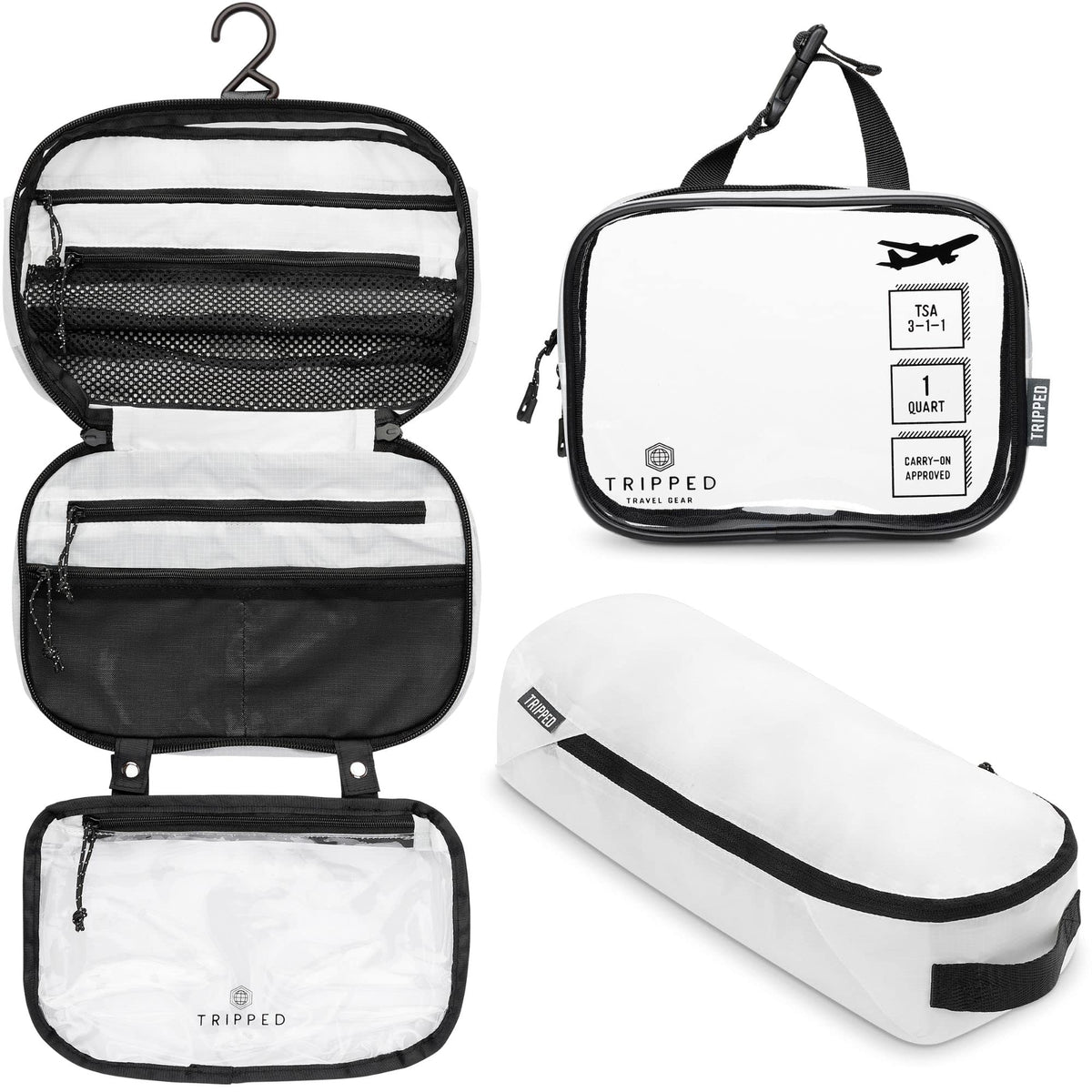 TRIPPED Toiletry Bag Set hanging bag view shows organized packing for quick trips.