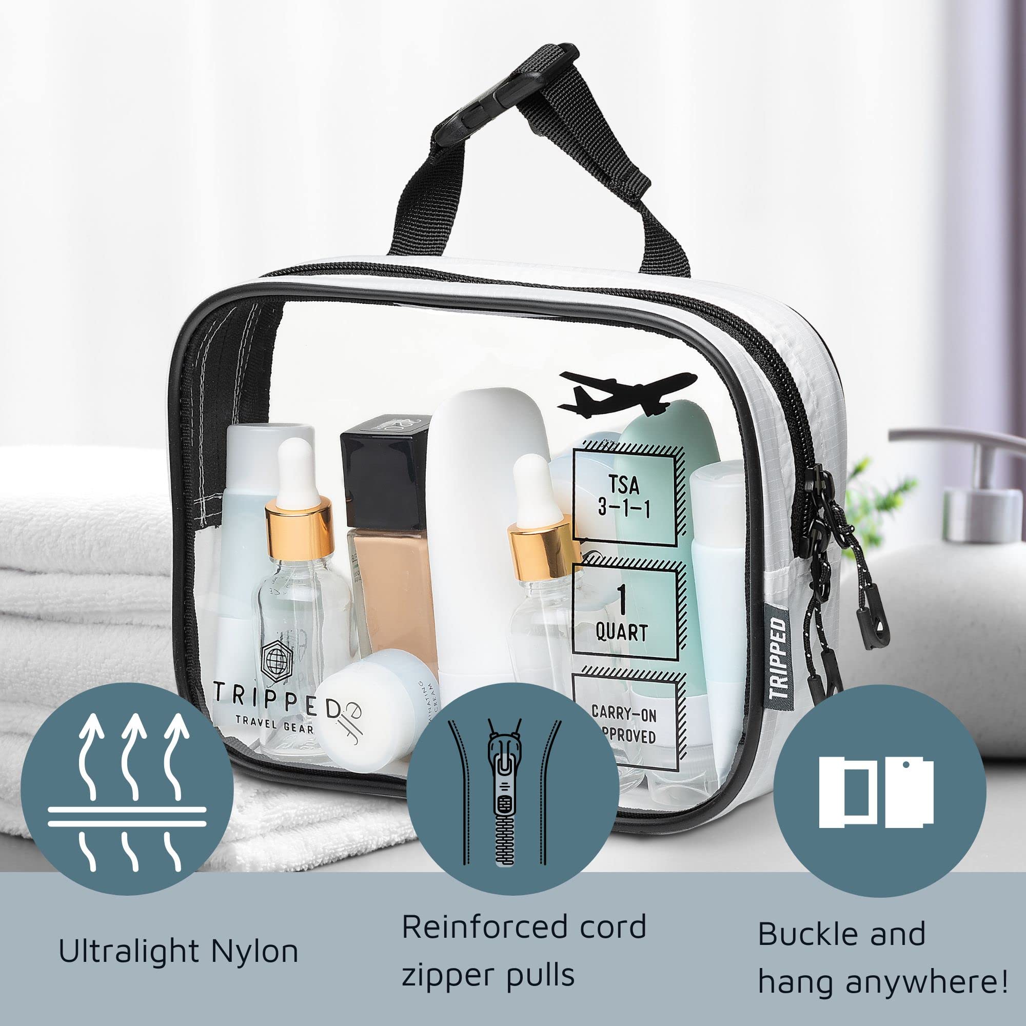 TRIPPED Toiletry Bag Set in-use travel setup shows quick organization in a backpack.