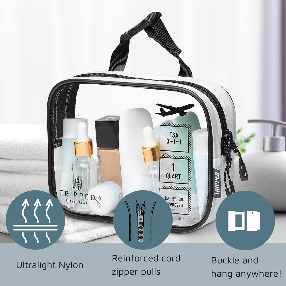 TRIPPED Toiletry Bag Set in-use travel setup shows quick organization in a backpack.
