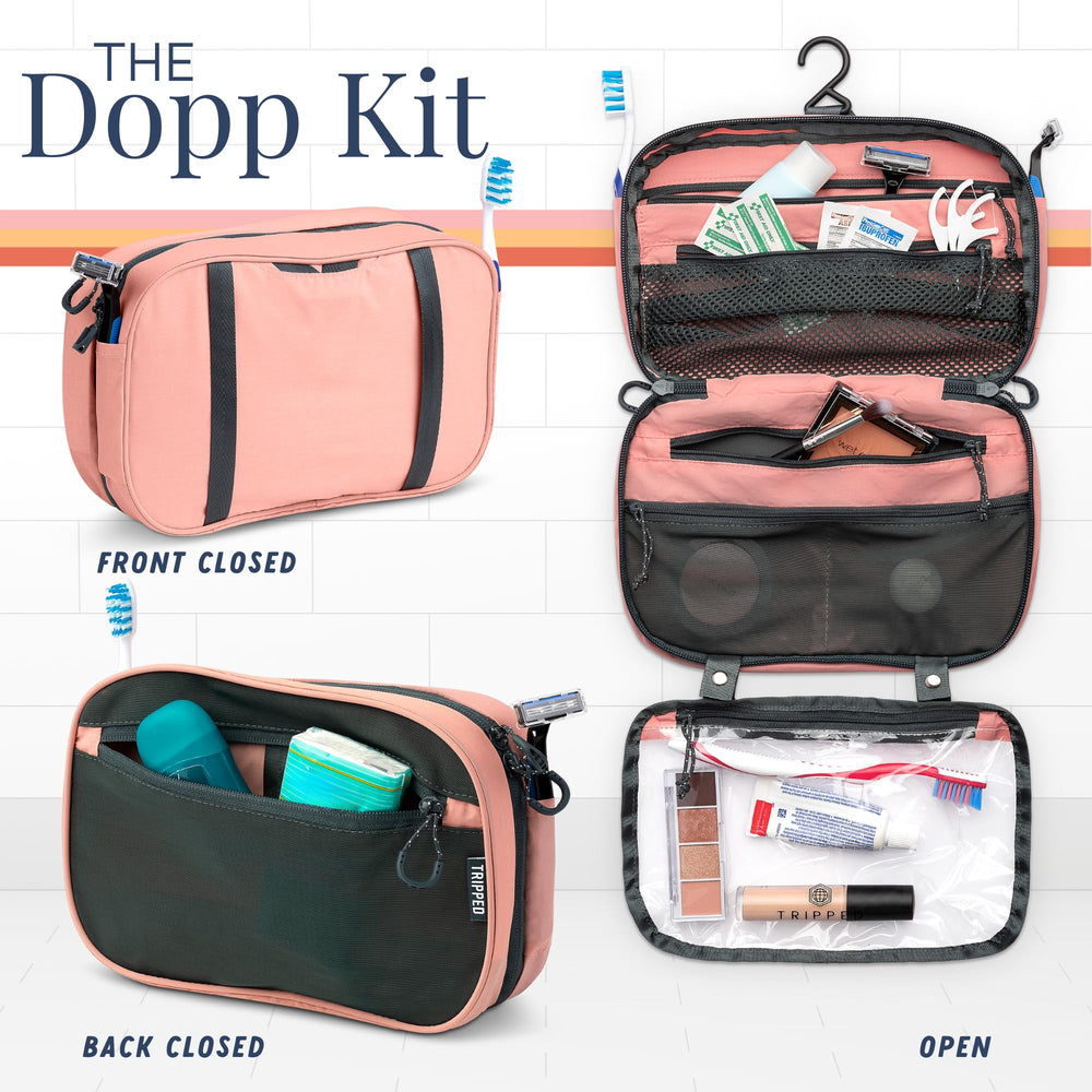 TRIPPED Travel Gear dusty rose hanging bag open for packing and easy access.