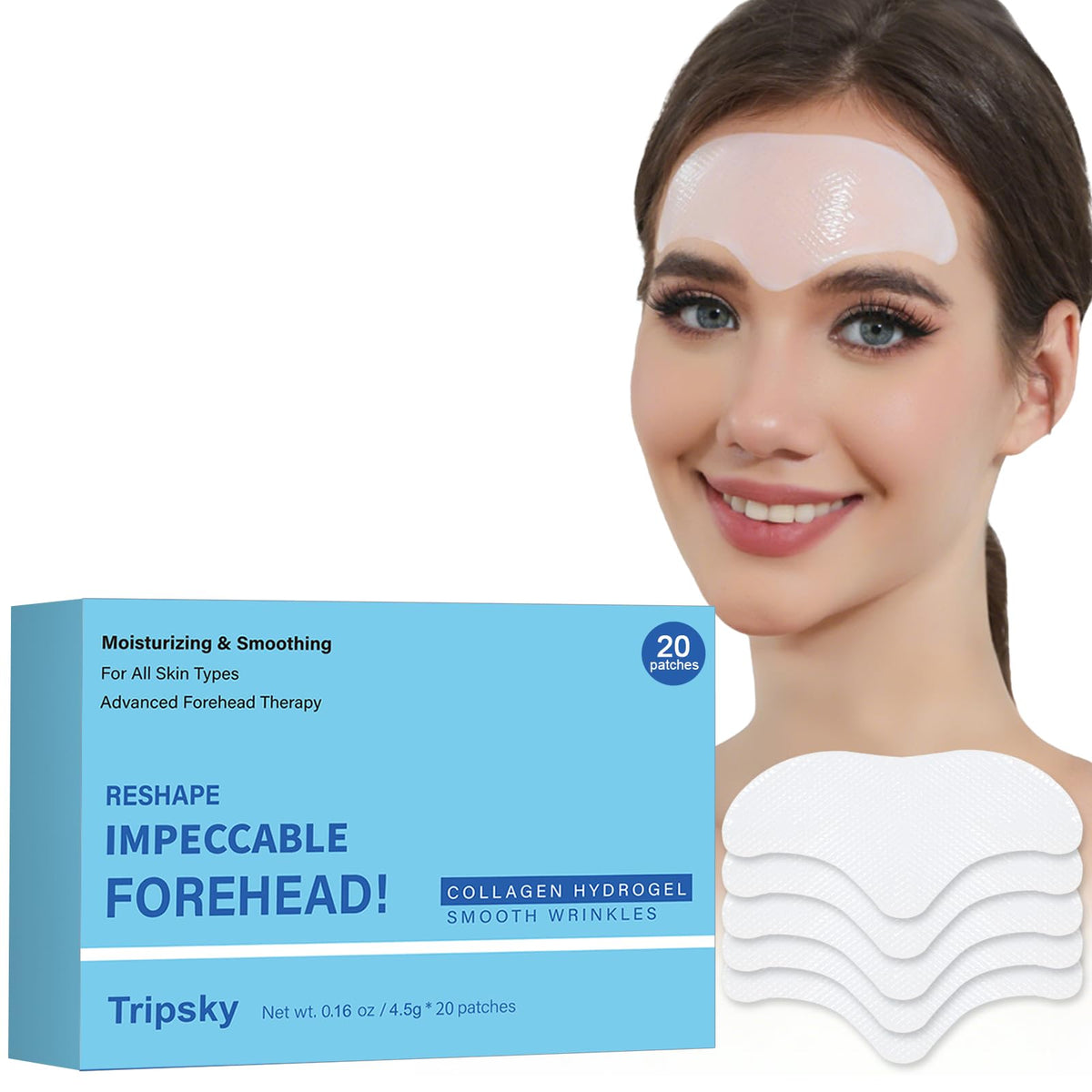 Tripsky forehead wrinkle patches packaging showcases a 20-piece set for convenient home care.