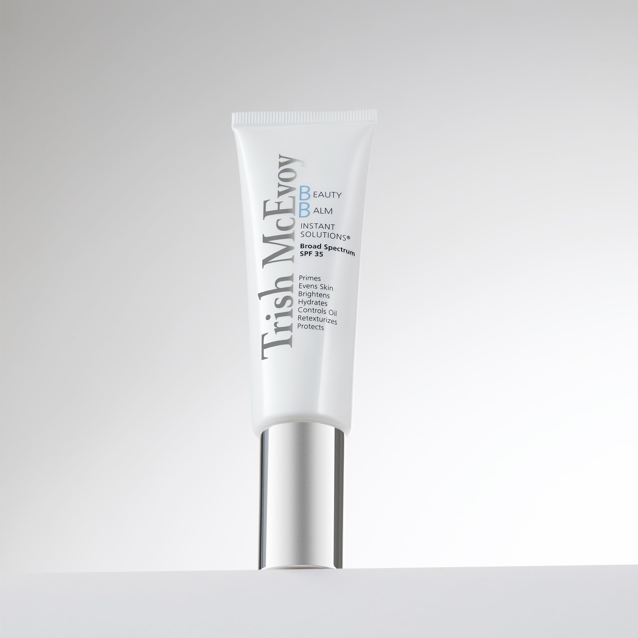 Trish McEvoy Beauty Balm swatch demonstrates medium-to-full coverage and soft-focus finish