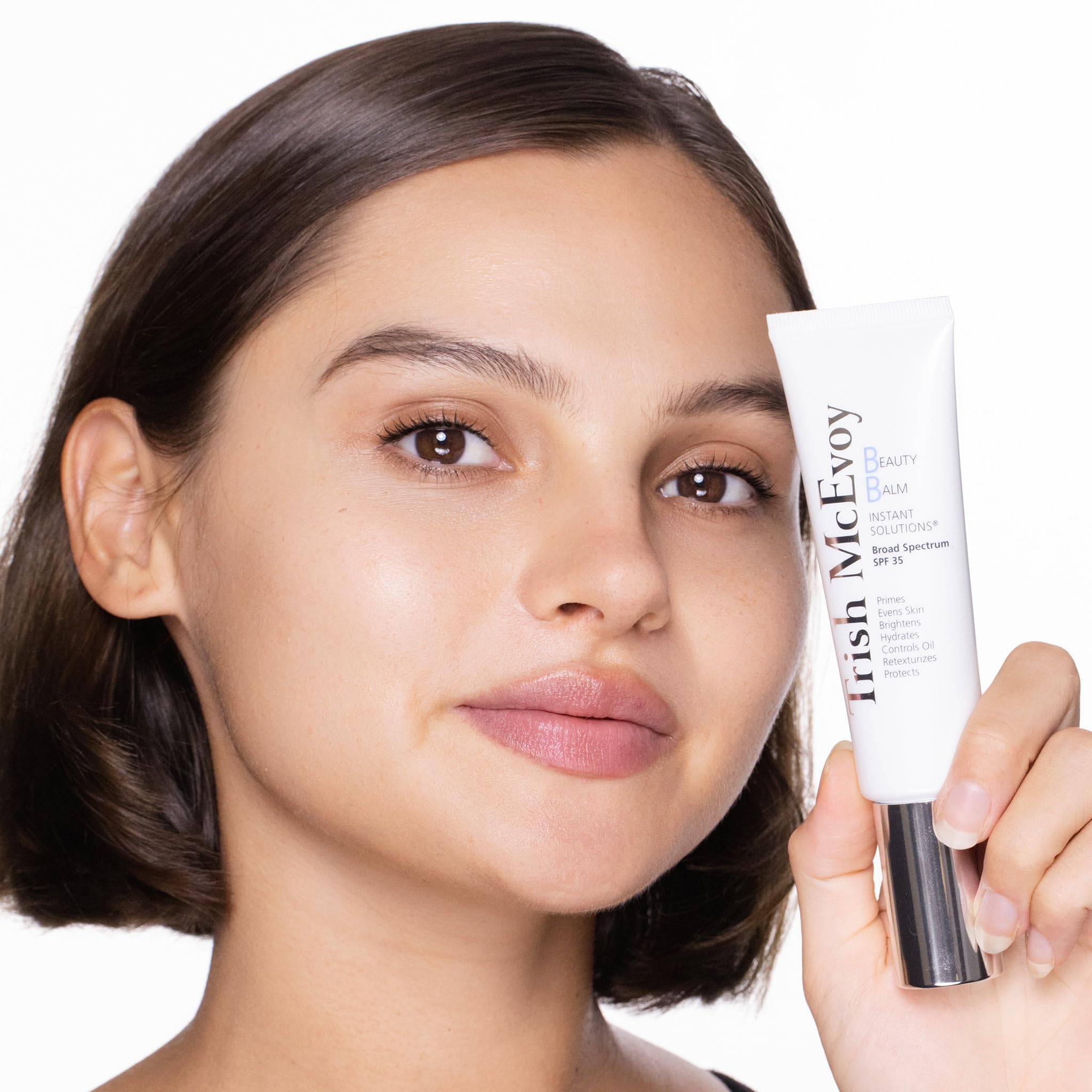 Trish McEvoy Beauty Balm packaging with SPF label communicates sun protection.