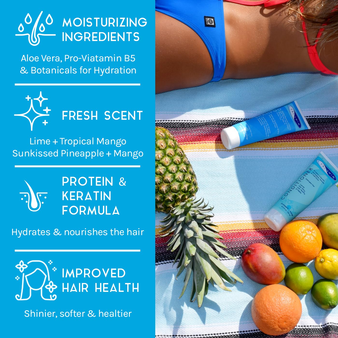 TRISWIM chlorine-out conditioner bottle provides hydrating shine after chlorine exposure.