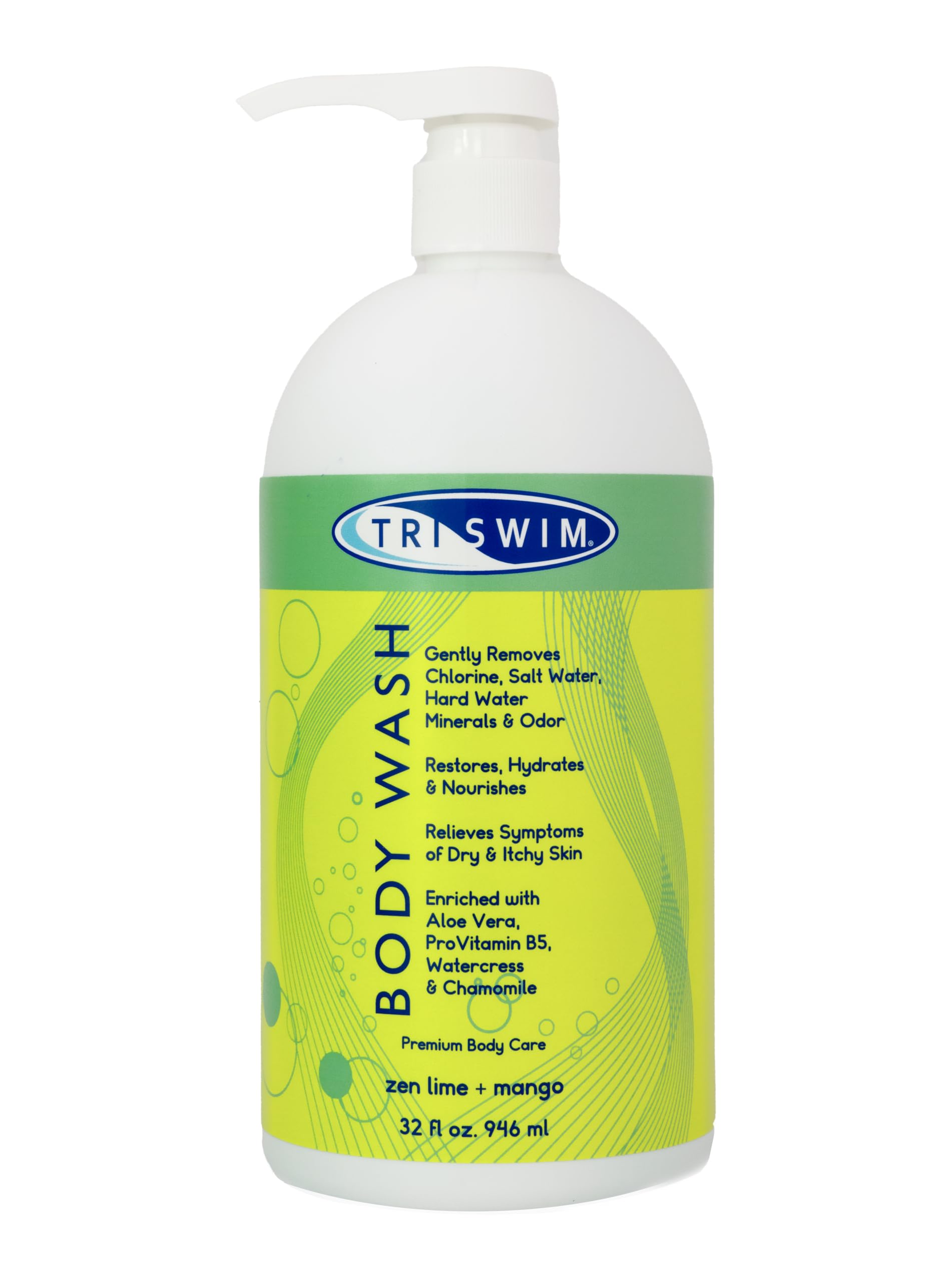 TRISWIM chlorine removal body wash bottle front highlights 32oz size for post-swim skin care.