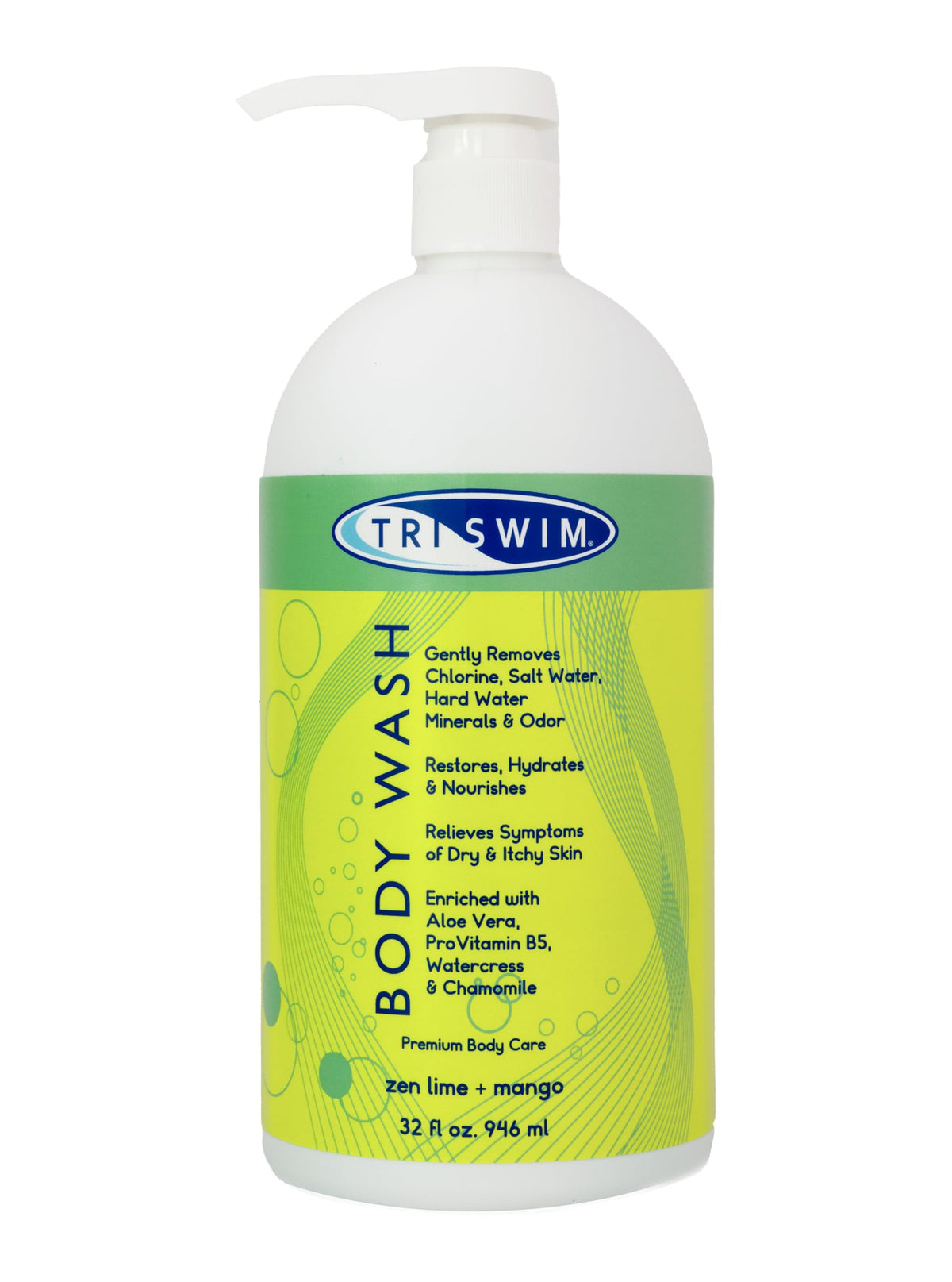TRISWIM chlorine removal body wash bottle front highlights 32oz size for post-swim skin care.