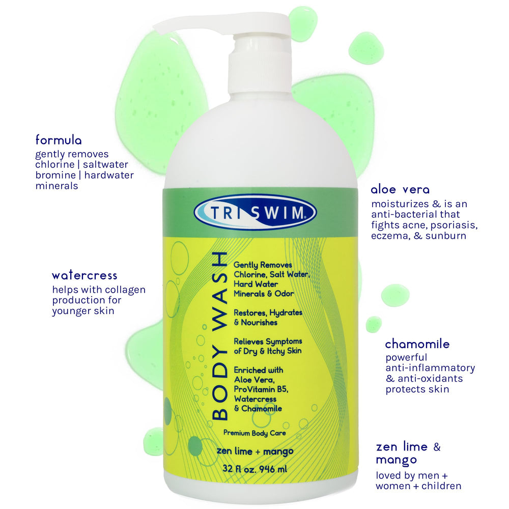TRISWIM chlorine removal body wash with disk-top lid shows easy-to-use dispenser after swimming.