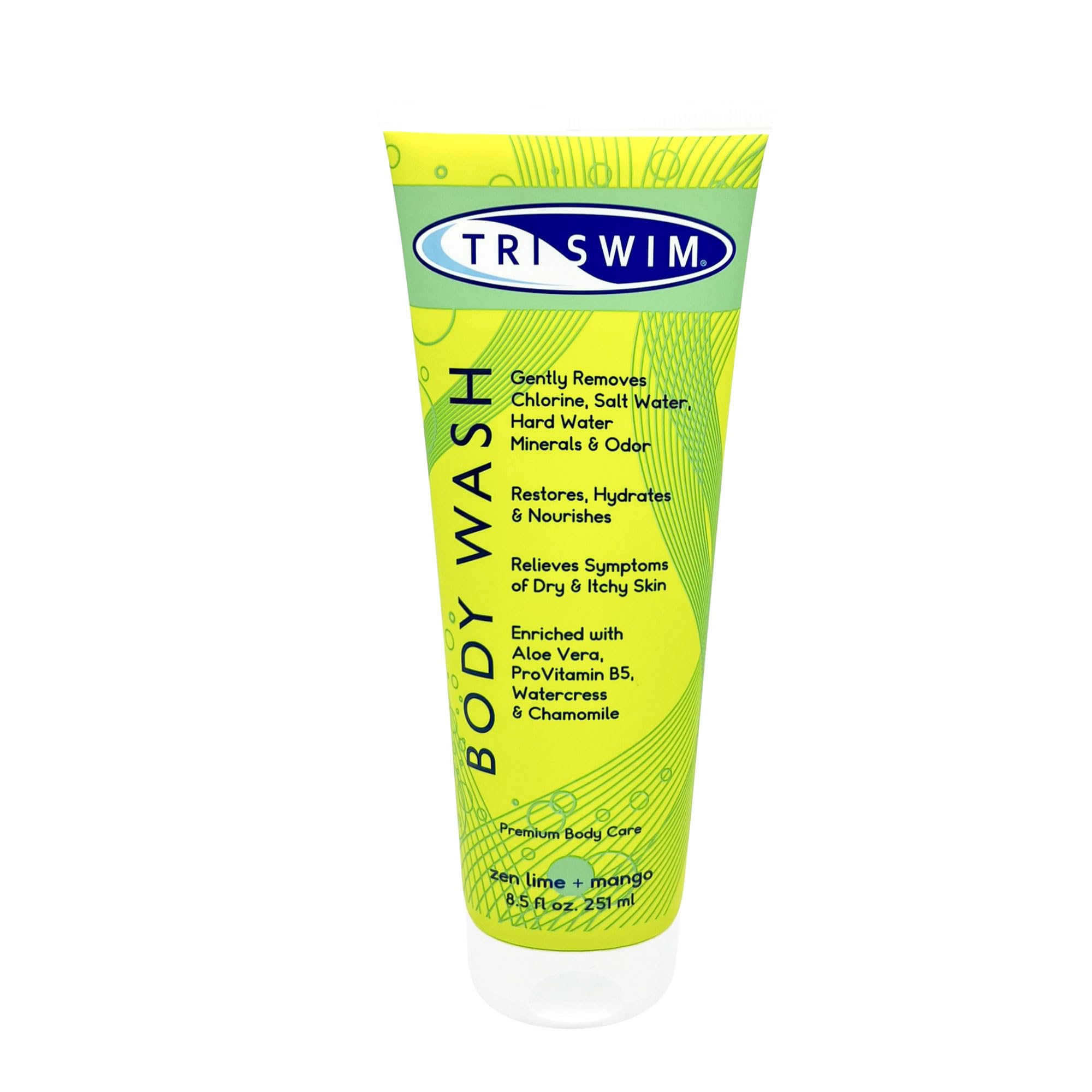 TRISWIM chlorine removal body wash bottle pour highlights skin hydration after swimming