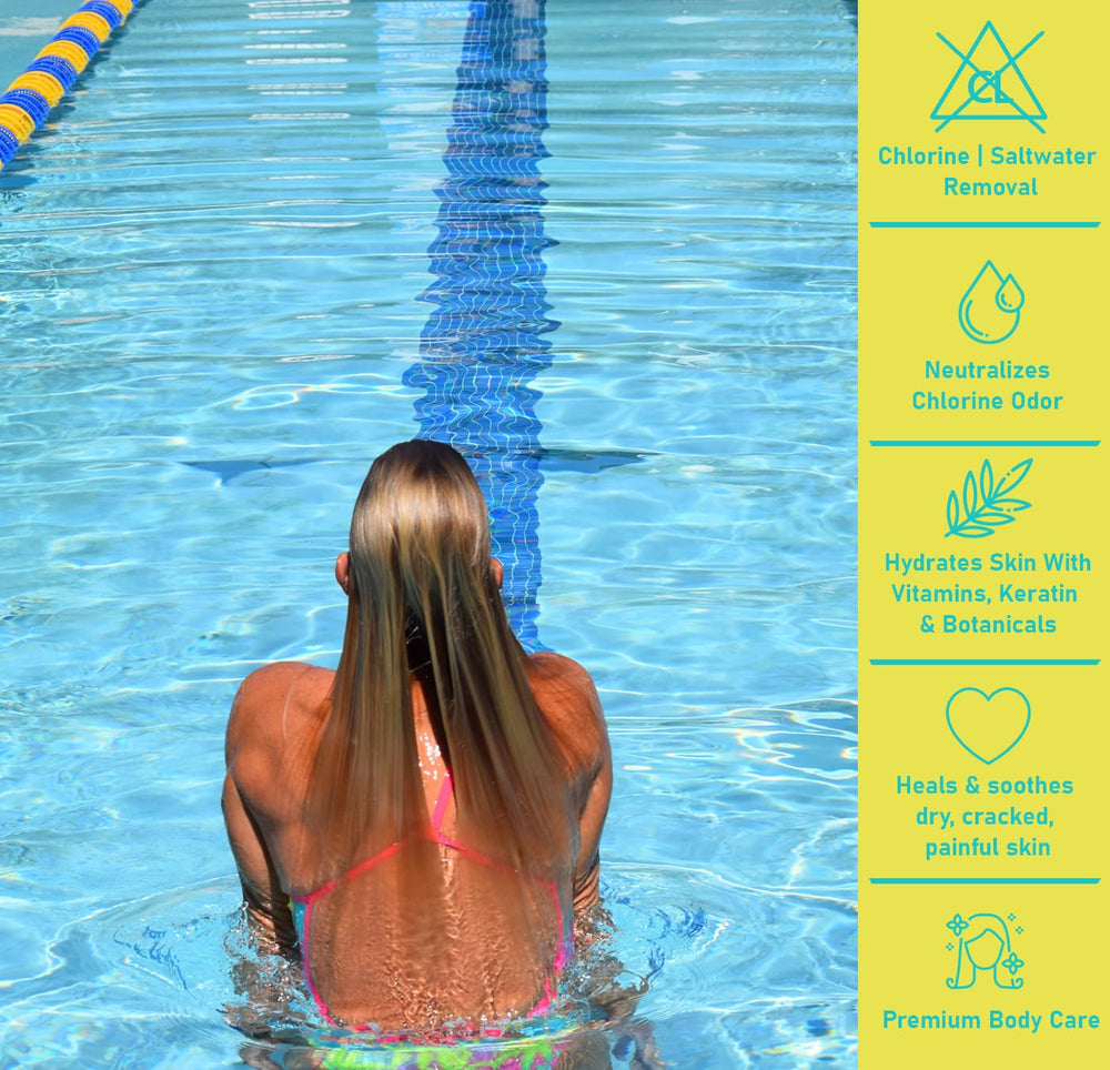 TRISWIM with aloe vera and vitamin E for hydrating after chlorine exposure.