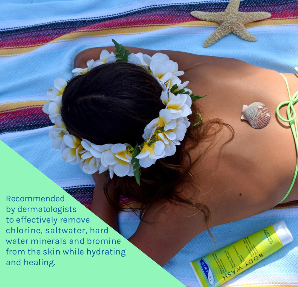 TRISWIM chlorine removal body wash ingredients closeup highlights aloe vera and provitamin B5 benefits