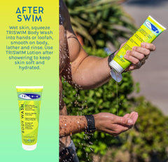 TRISWIM chlorine removal body wash label closeup emphasizes chlorine removal formula