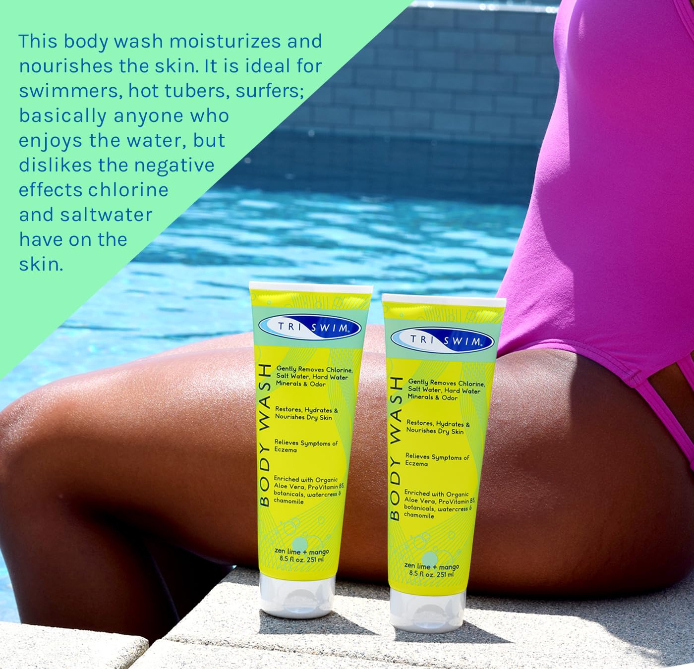 TRISWIM chlorine removal body wash poolside use conveys post-swim refreshment and hydration