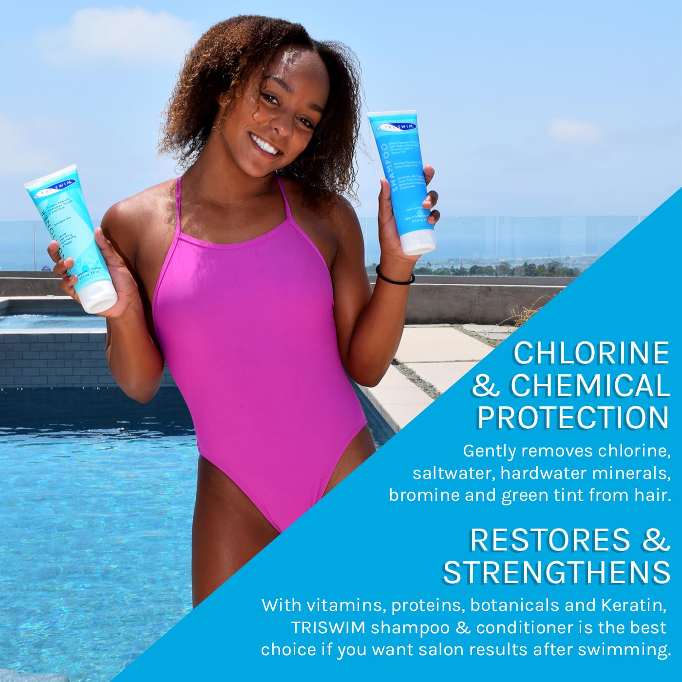 TRISWIM chlorine-out shampoo in use during shower promotes a fresh scalp.