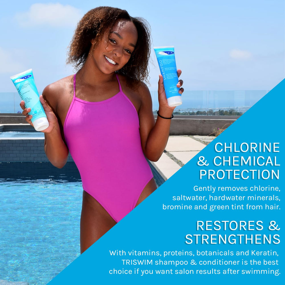 TRISWIM chlorine-out shampoo in use during shower promotes a fresh scalp.