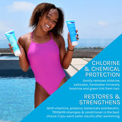 TRISWIM chlorine-out shampoo in use during shower promotes a fresh scalp.
