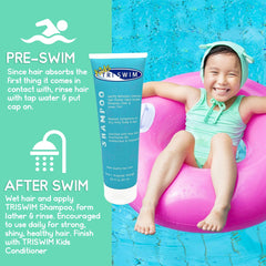TRISWIM Kids Chlorine Removal Shampoo bottle highlighting lime-mango scent for kid-friendly post-swim care