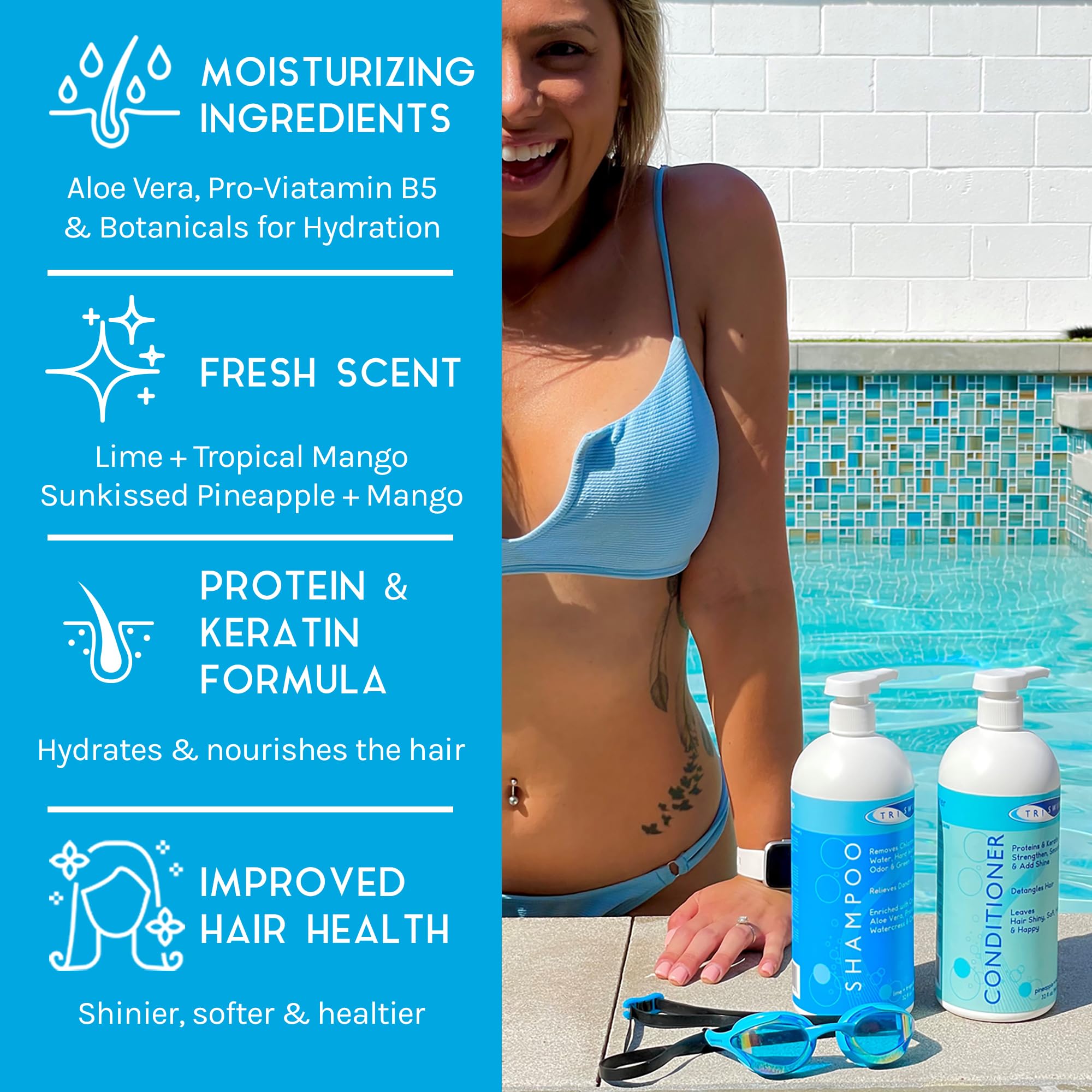 TRISWIM swim conditioner 32oz bottle provides deep hydration and shine after swimming