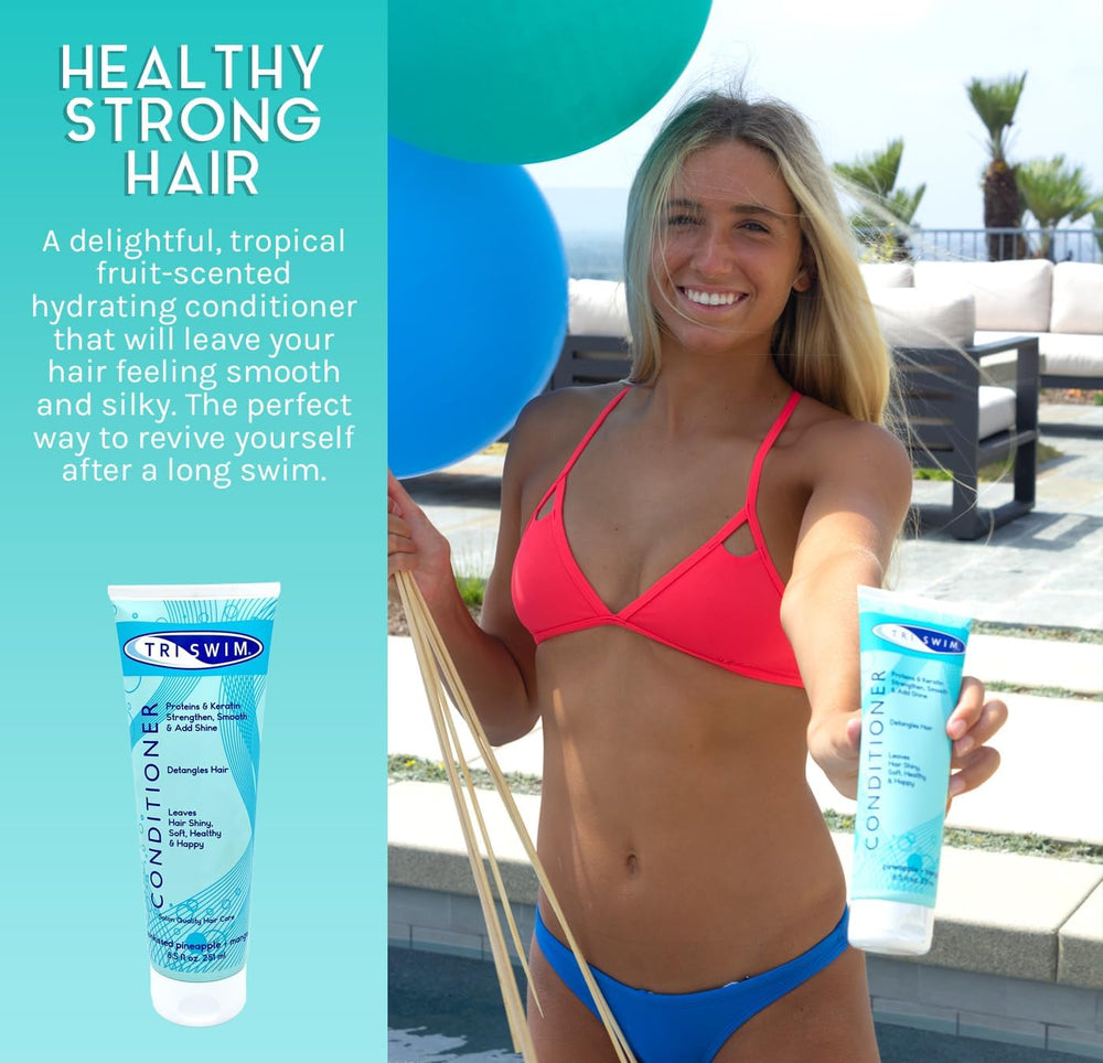 TRISWIM Swim Conditioner applied to wet hair after chlorine exposure