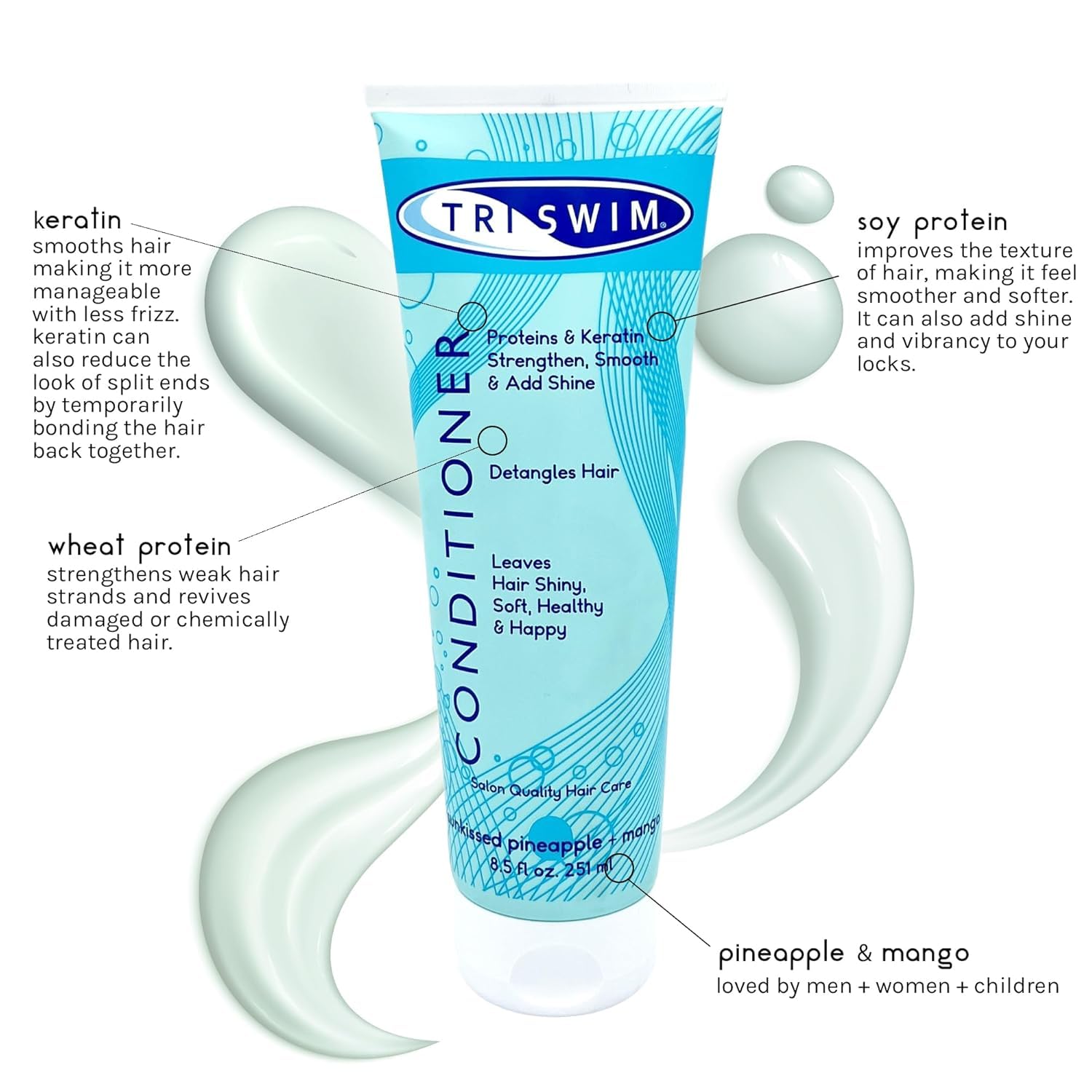 TRISWIM Swim Conditioner bottle being squeezed highlights keratin and protein rebuilding for hair