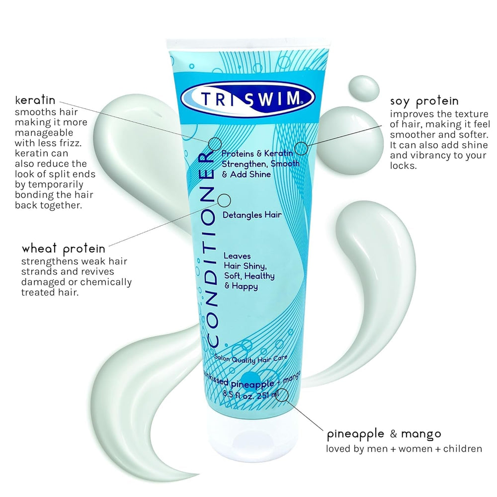 TRISWIM Swim Conditioner bottle being squeezed highlights keratin and protein rebuilding for hair