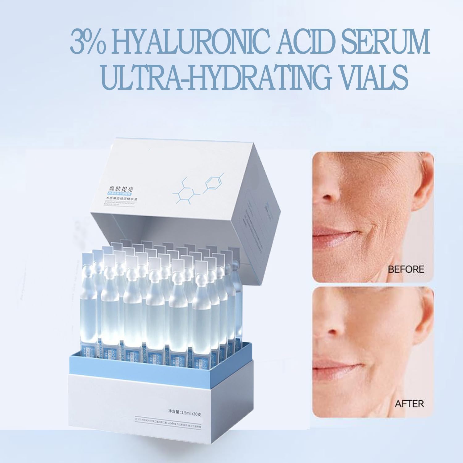 Tropame 3% HA serum vials closeup highlights compact, easy-to-use ampoules for hydration.