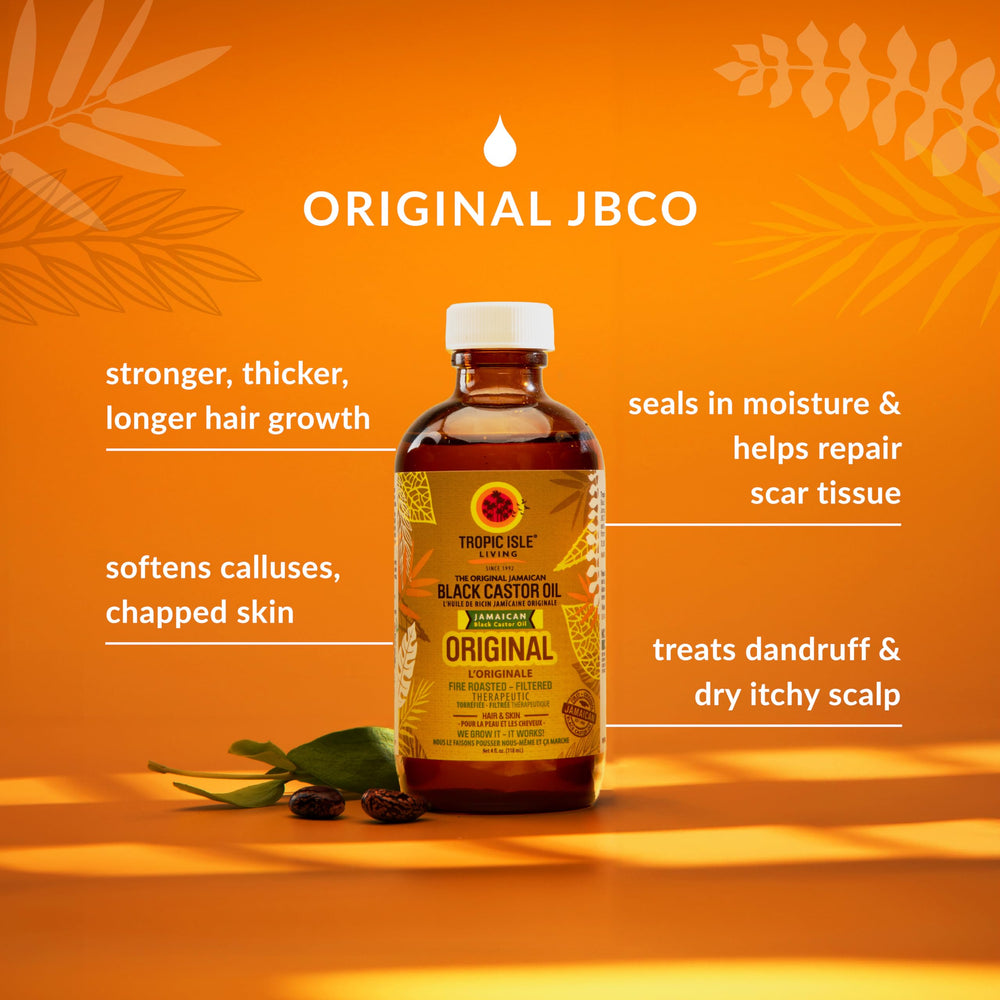 Tropic Isle Living Jamaican Black Castor Oil label close-up highlighting key nutrients for scalp hydration.