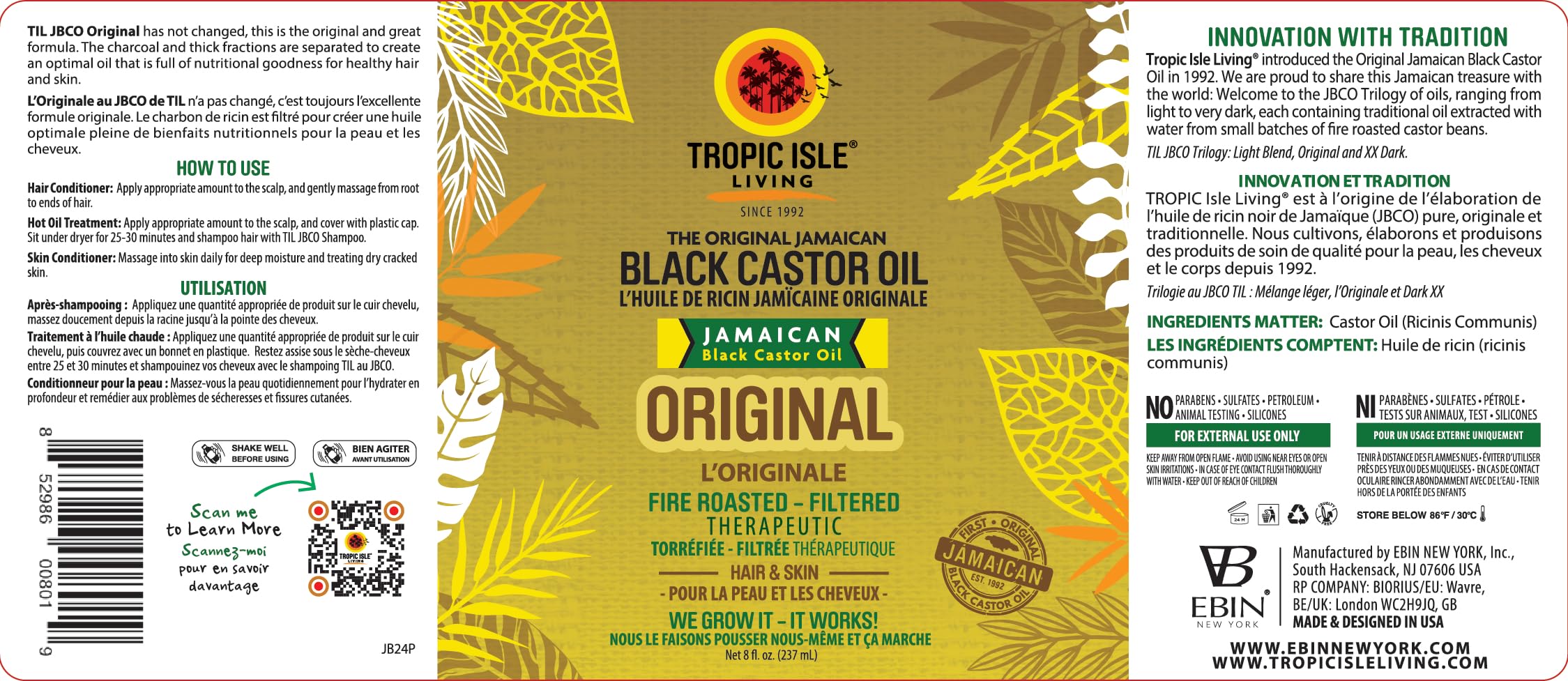 Tropic Isle Living Jamaican Black Castor Oil packaging display emphasizing multi-use benefits.