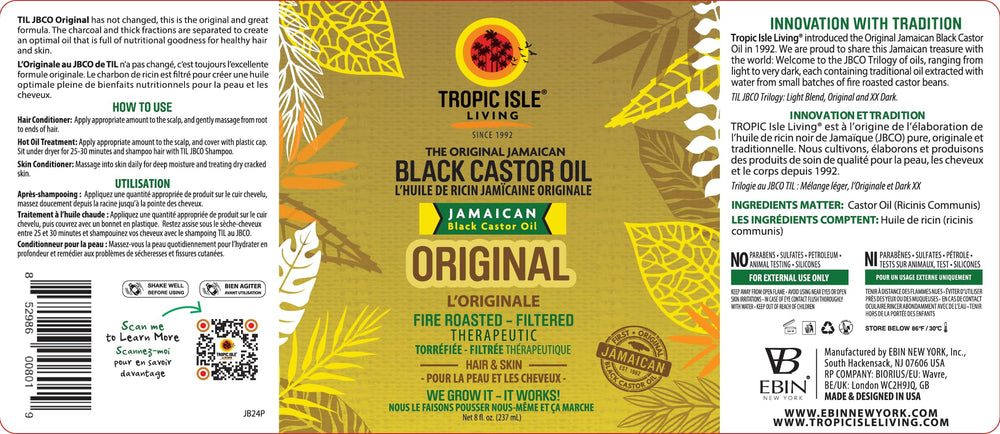 Tropic Isle Living Jamaican Black Castor Oil packaging display emphasizing multi-use benefits.