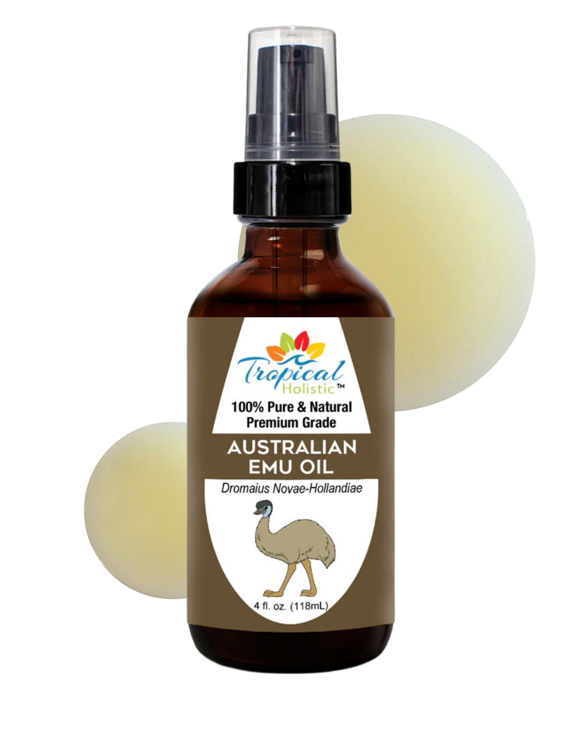Tropical Holistic Emu Oil bottle with pump for mess-free daily moisturizing.
