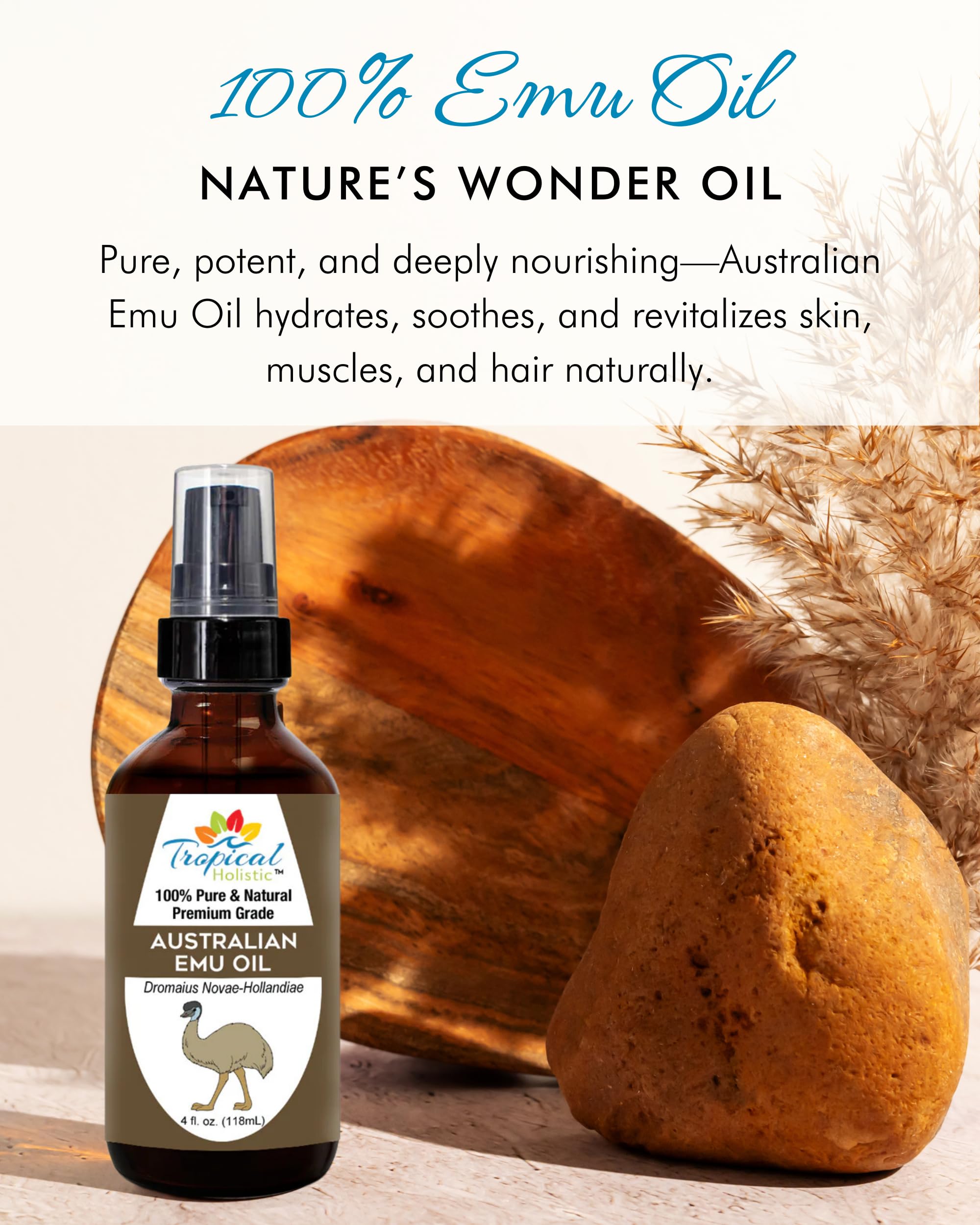 Tropical Holistic Emu Oil on hair to tame frizz and add shine.